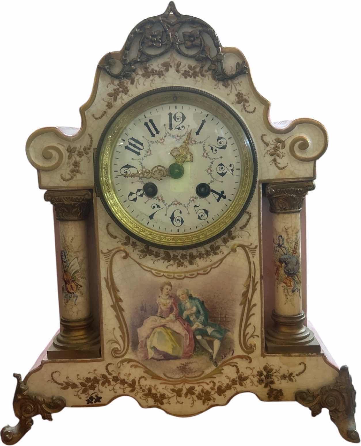 Photo 1 of ANTIQUE 1750 FRENCH COBALT PORCELAIN,  E. CARELLE  SIGNED  MANTLE CLOCK H12.5”