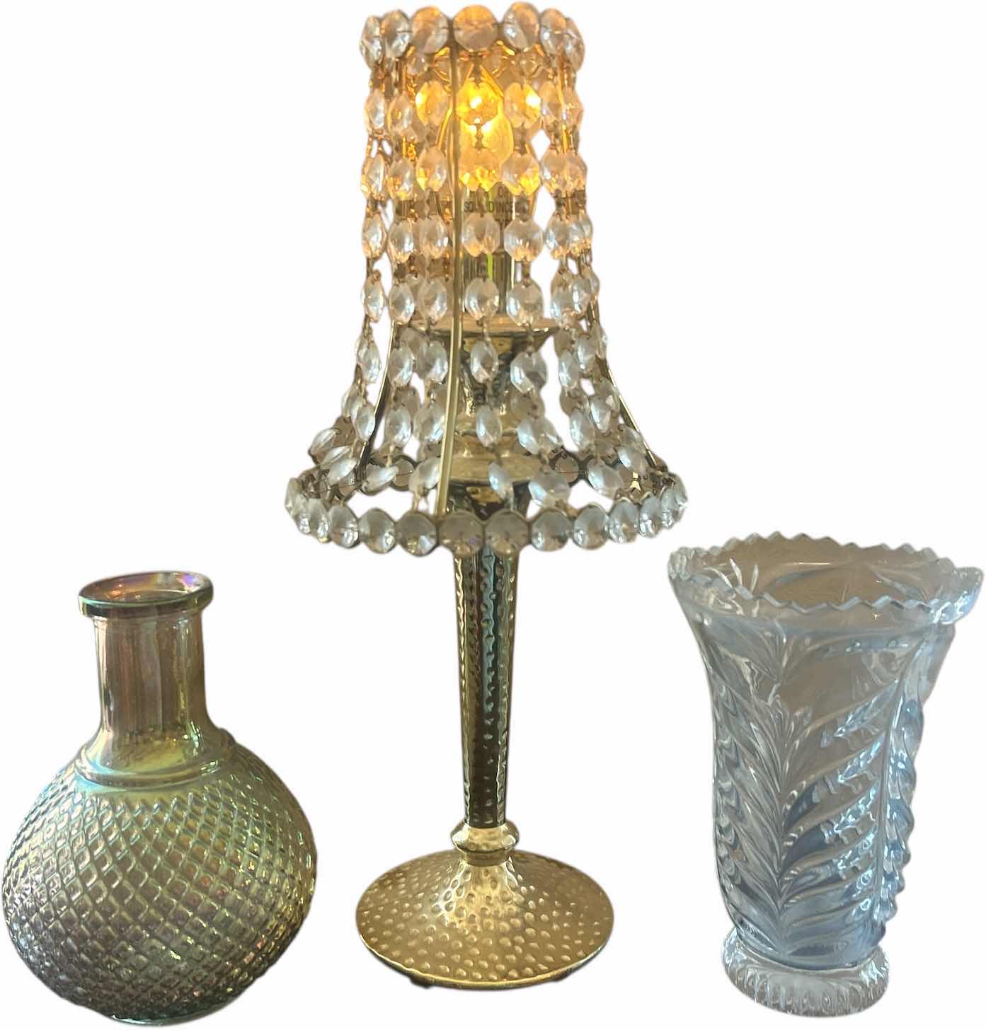 Photo 1 of HOME DECOR - SMALL LAMP H13.5” , LEAD CRYSTAL VASE MADE IN GERMANY, IRIDESCENT GLASS VASE