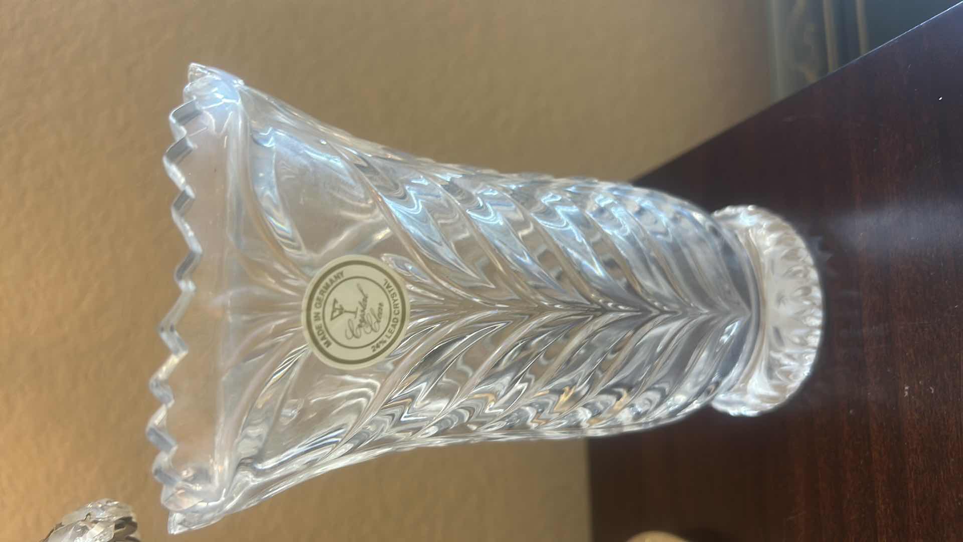 Photo 1 of HOME DECOR - SMALL LAMP H13.5” , LEAD CRYSTAL VASE MADE IN GERMANY, IRIDESCENT GLASS VASE
