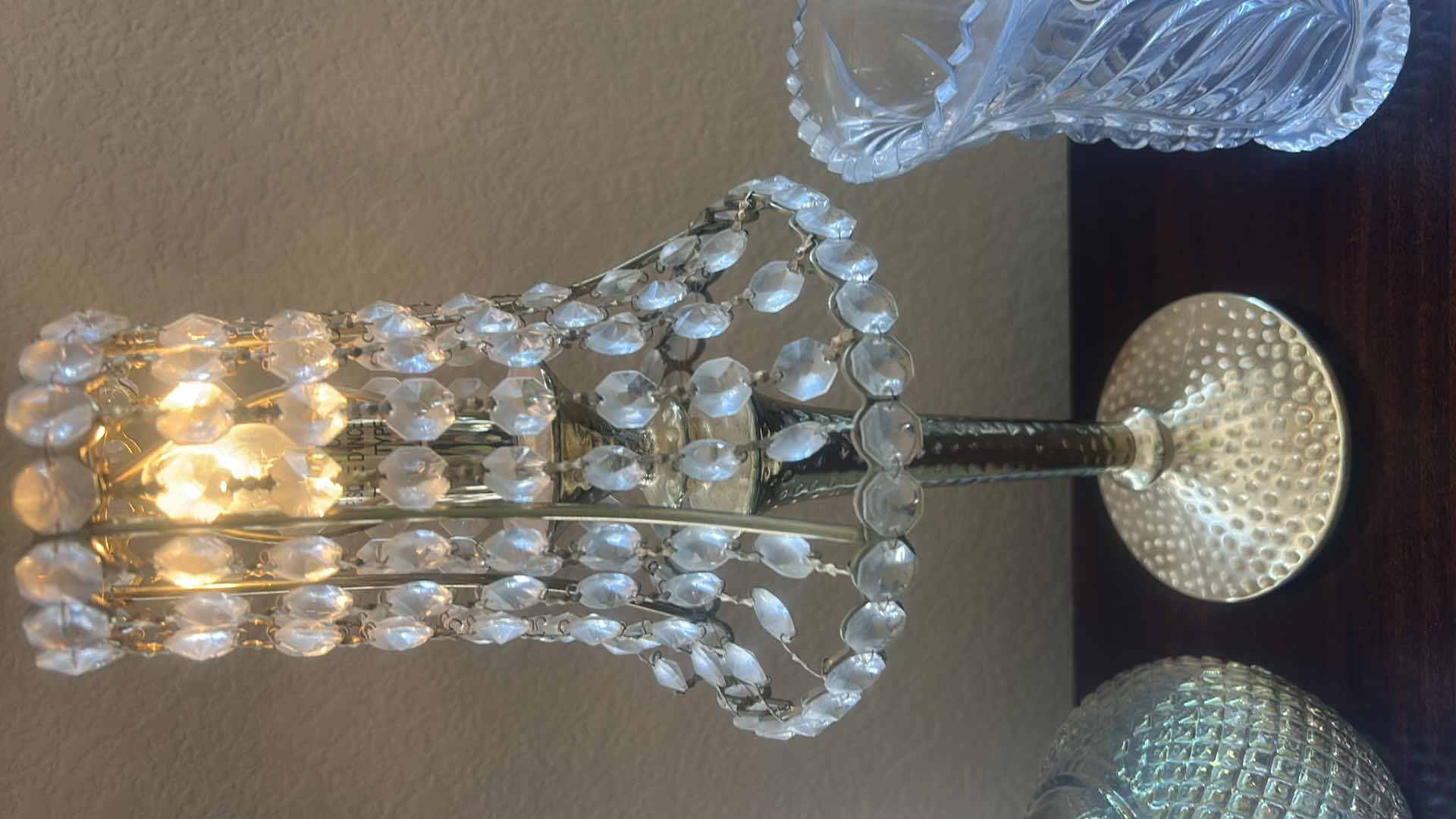 Photo 1 of HOME DECOR - SMALL LAMP H13.5” , LEAD CRYSTAL VASE MADE IN GERMANY, IRIDESCENT GLASS VASE
