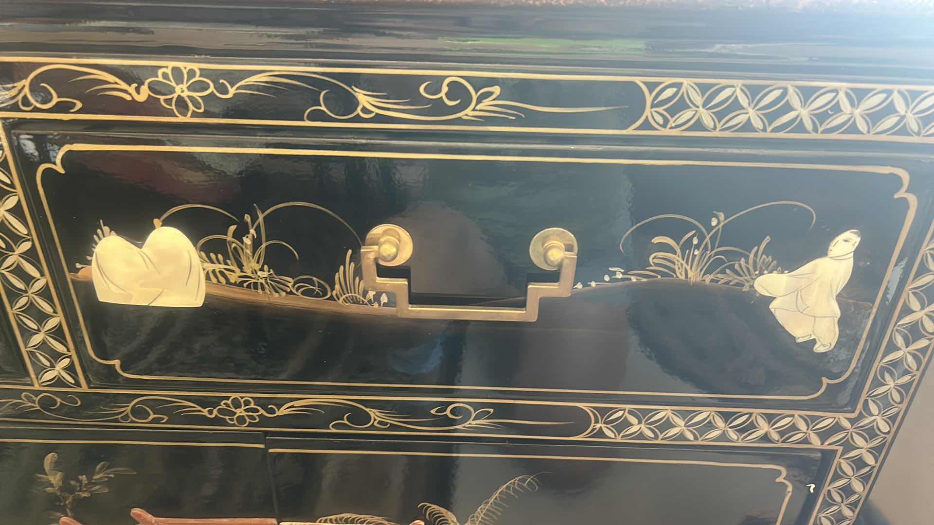 Photo 1 of GOLD TRIM BLACK LACQUER MOTHER OF PEARL SIDEBOARD 
47 1/2” x 16 1/2” x H33 1/2