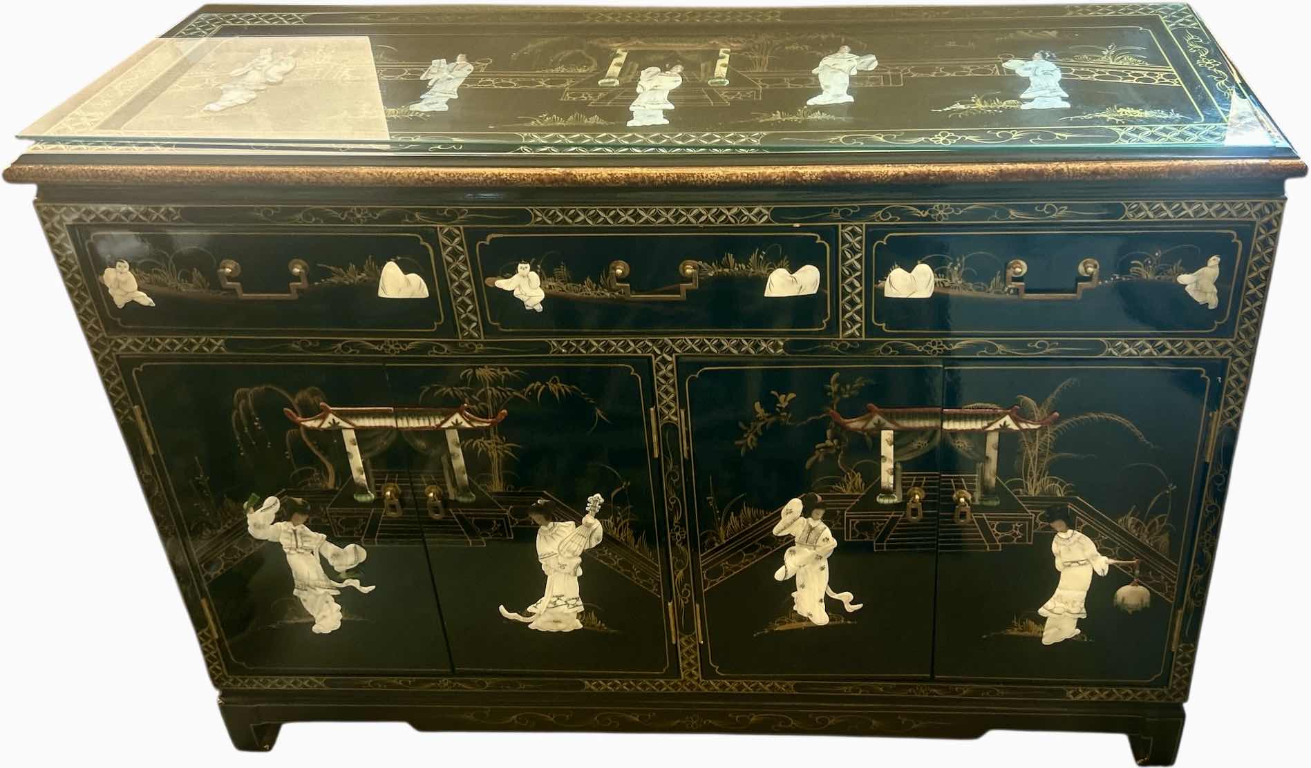 Photo 1 of GOLD TRIM BLACK LACQUER MOTHER OF PEARL SIDEBOARD 
47 1/2” x 16 1/2” x H33 1/2