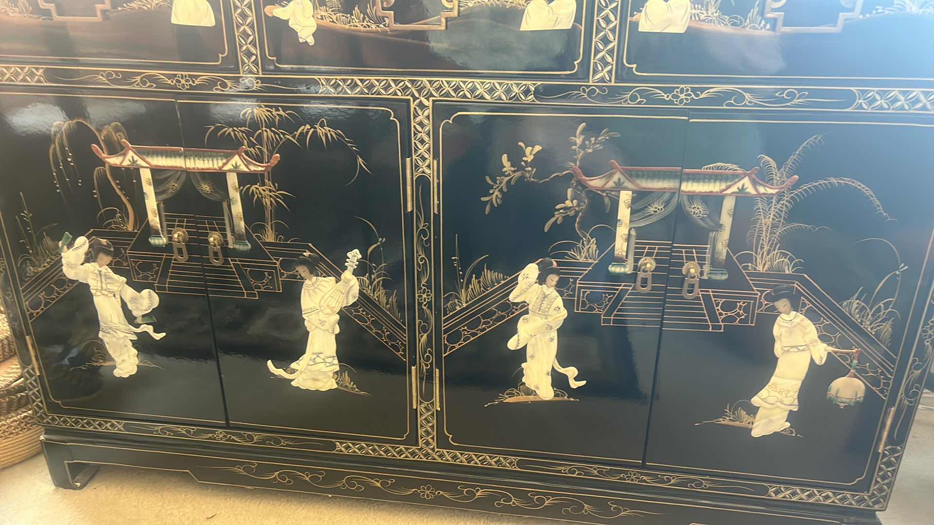 Photo 1 of GOLD TRIM BLACK LACQUER MOTHER OF PEARL SIDEBOARD 
47 1/2” x 16 1/2” x H33 1/2
