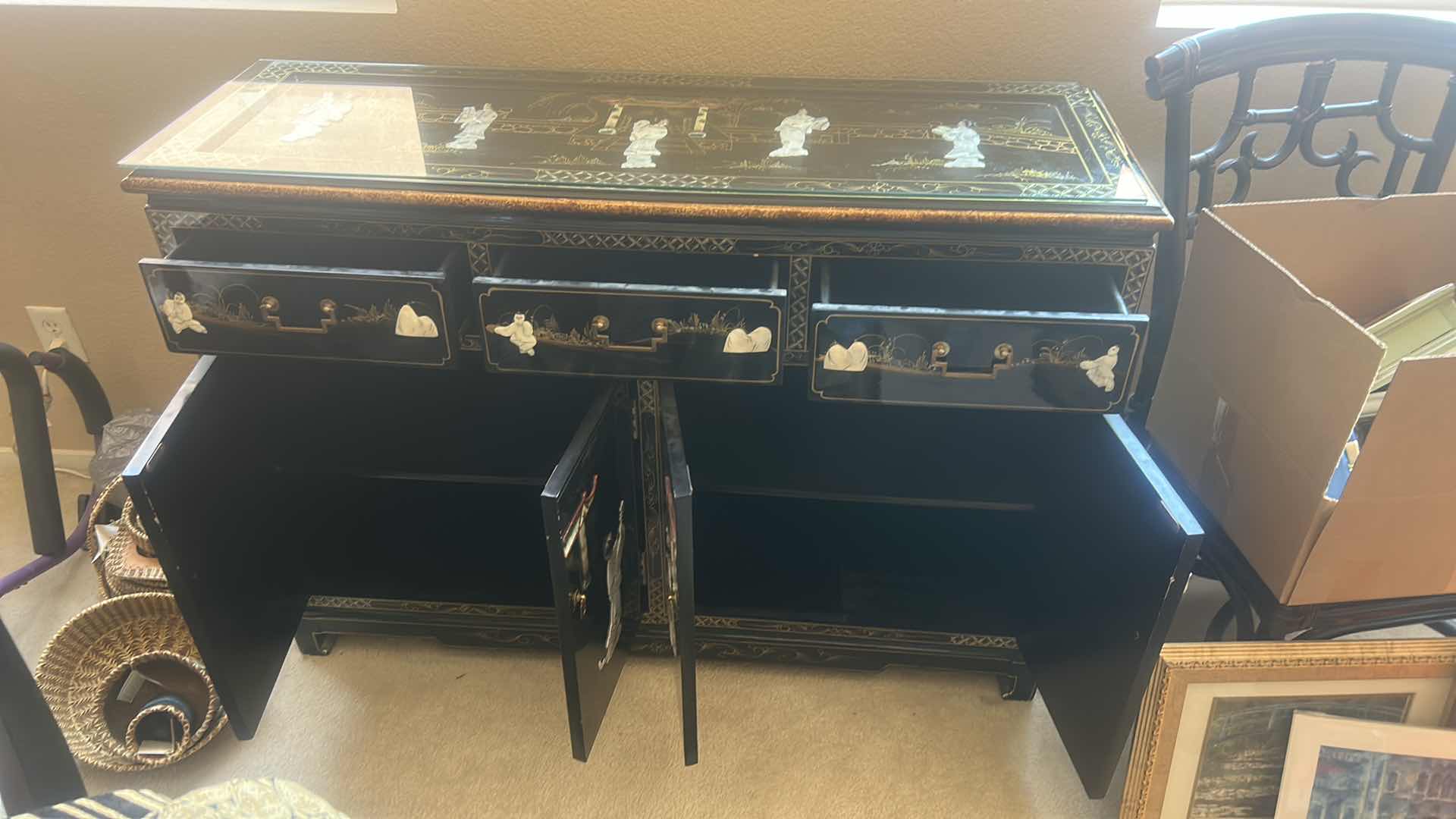 Photo 1 of GOLD TRIM BLACK LACQUER MOTHER OF PEARL SIDEBOARD 
47 1/2” x 16 1/2” x H33 1/2