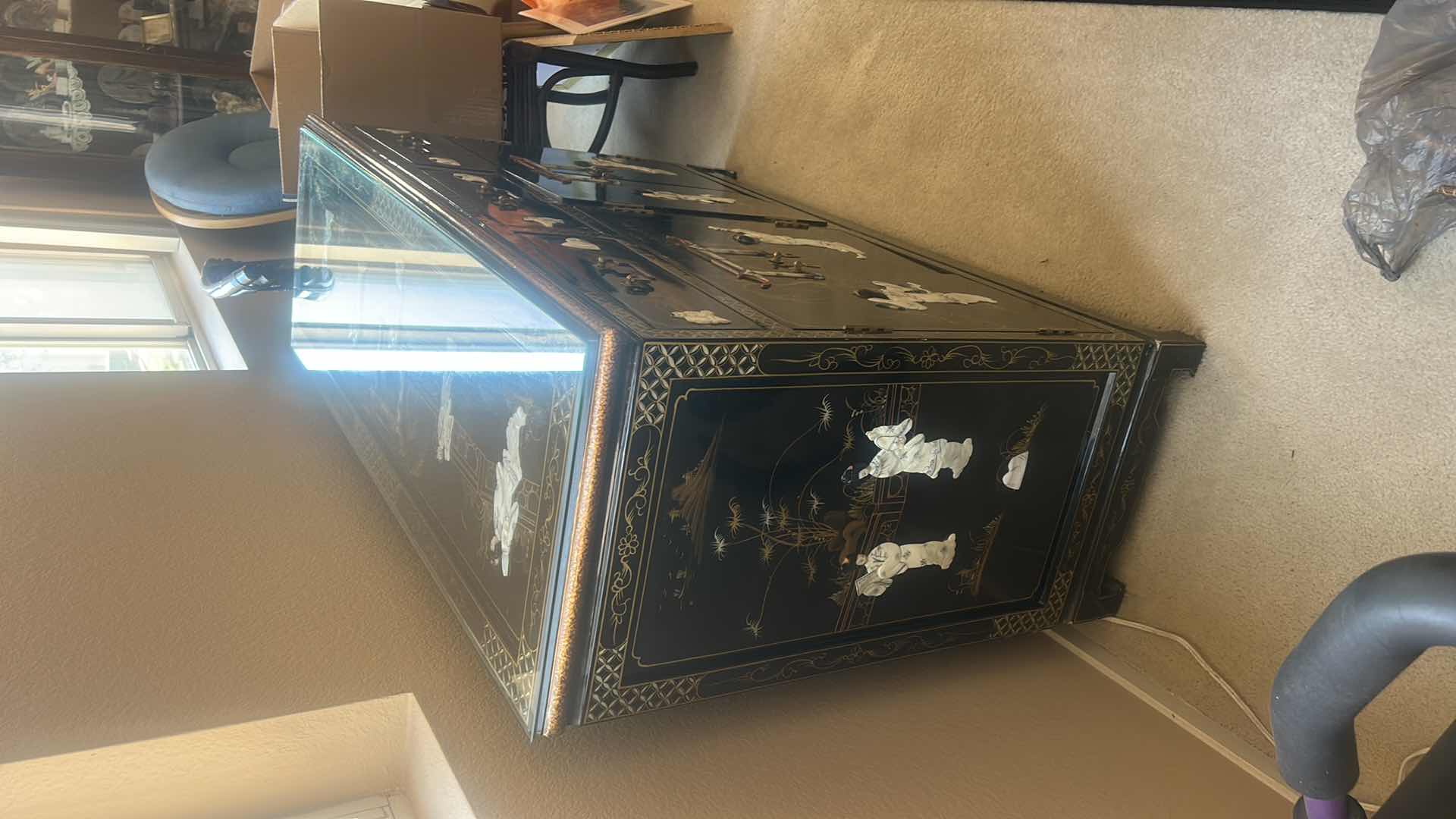 Photo 1 of GOLD TRIM BLACK LACQUER MOTHER OF PEARL SIDEBOARD 
47 1/2” x 16 1/2” x H33 1/2