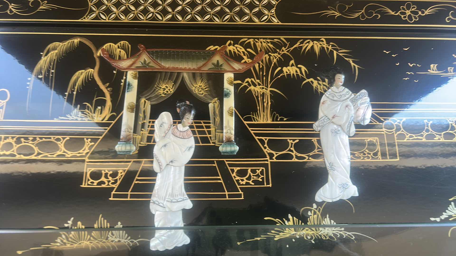 Photo 1 of GOLD TRIM BLACK LACQUER MOTHER OF PEARL SIDEBOARD 
47 1/2” x 16 1/2” x H33 1/2