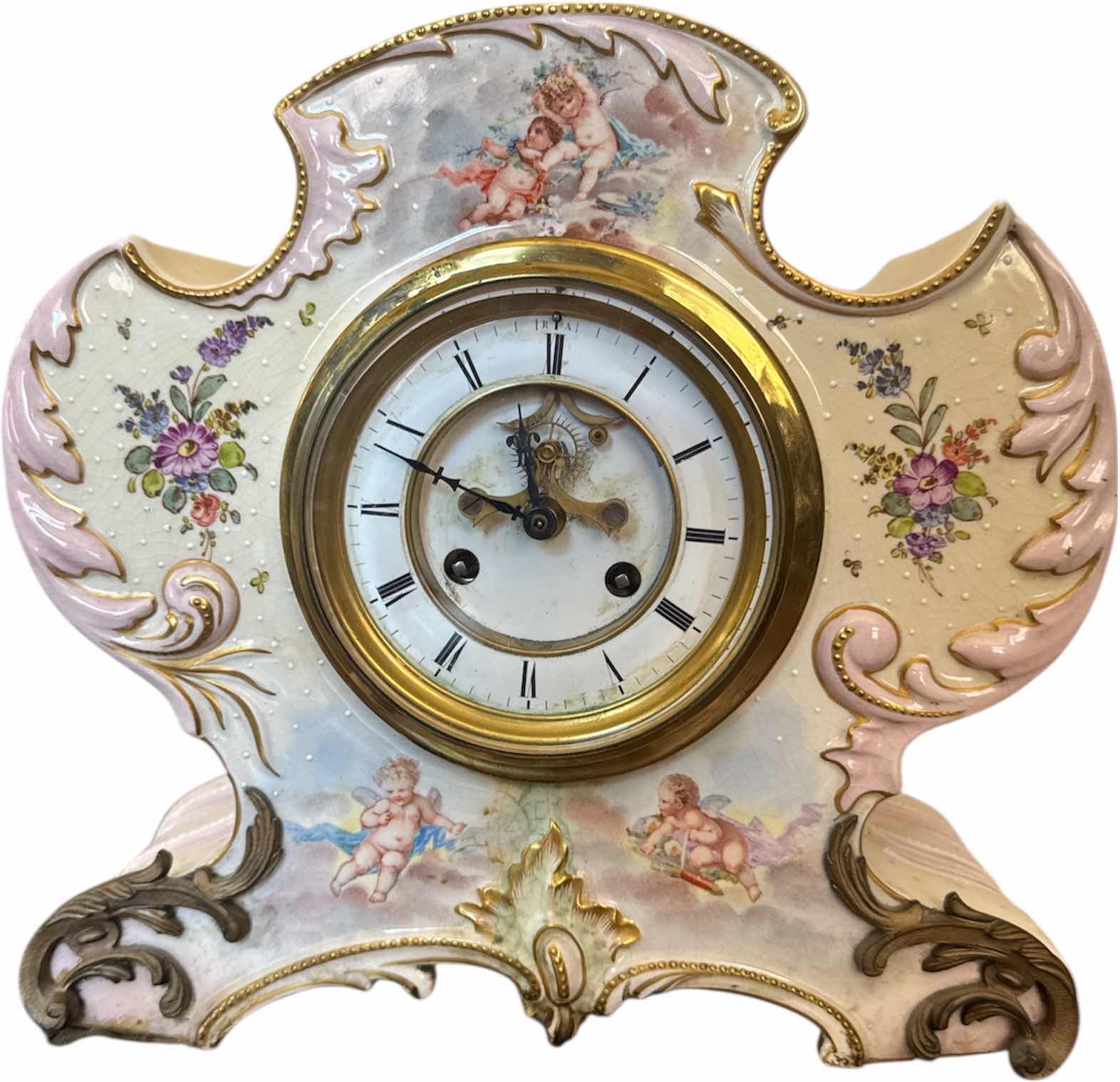 Photo 1 of ANTIQUE ANSONIA PORCELAIN CASE MANTEL CLOCK, ANGELS AND FLORAL
13” X 5.25” X H12”