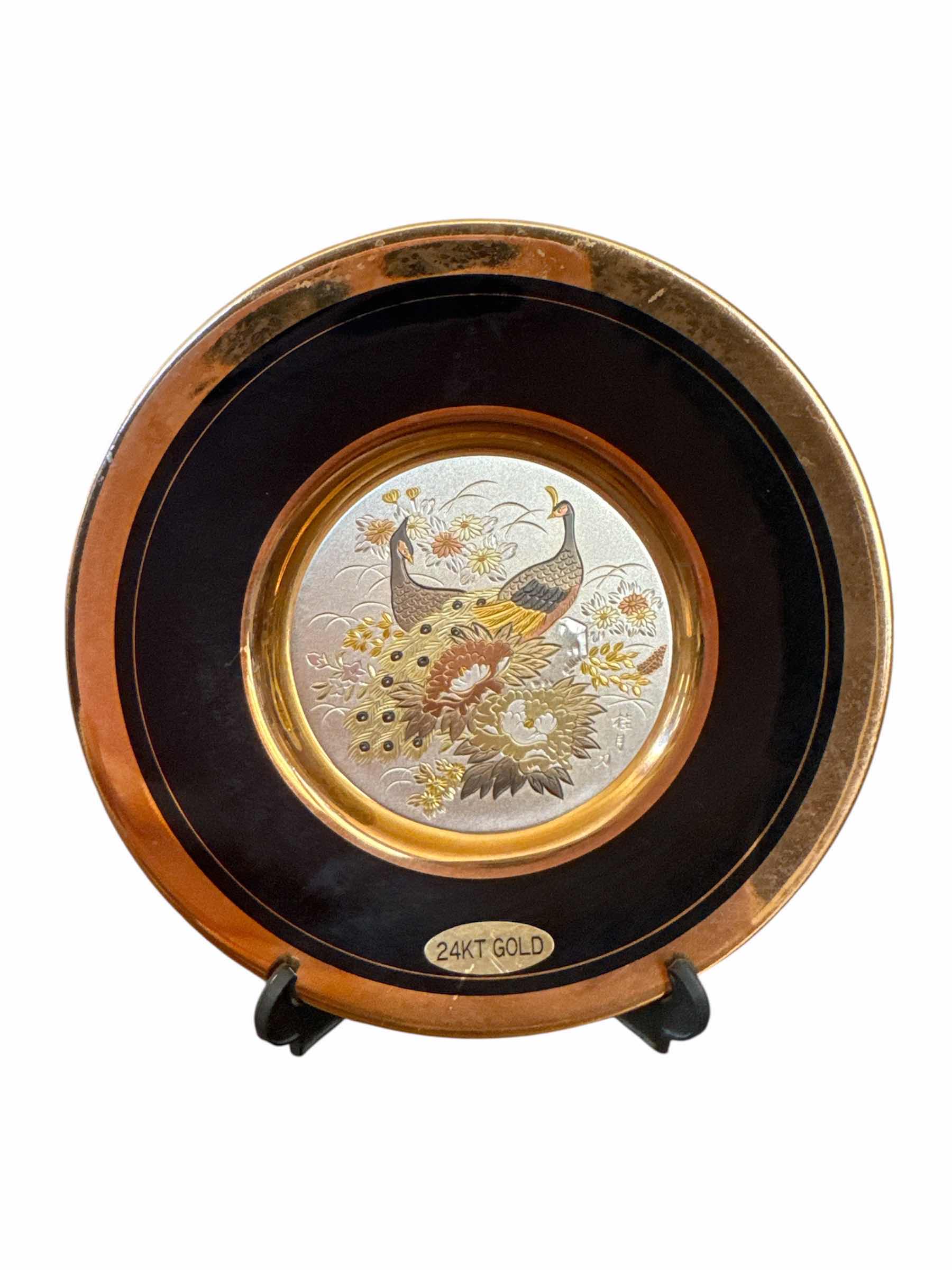 Photo 1 of VINTAGE THE ART OF CHOKIN BLACK PLATE 24KT GOLD, PEACOCK AND FLORAL 
W2.5” X H6.25”