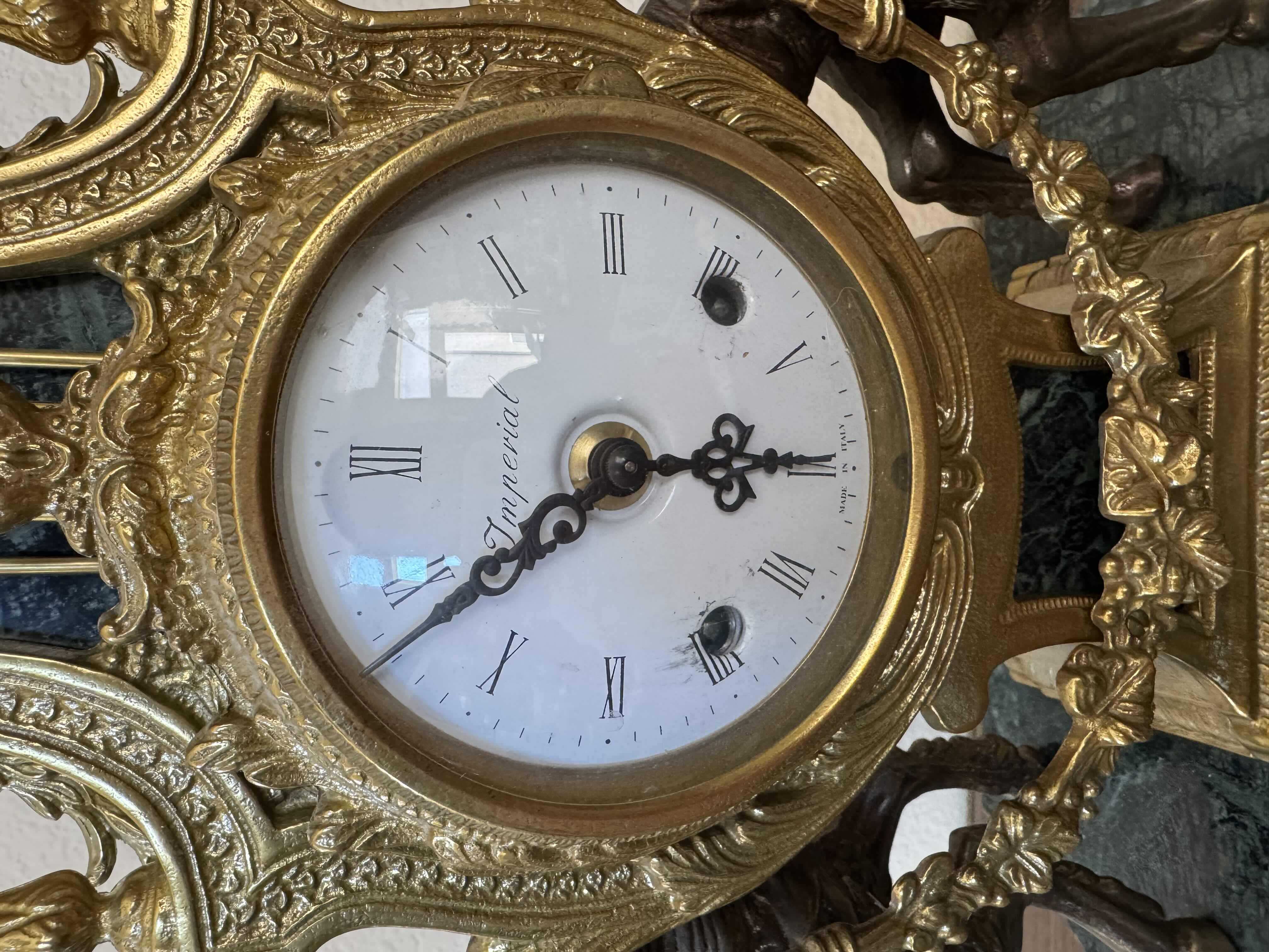 Photo 1 of VINTAGE IMPERIAL BREVETTATO ITALIAN BRASS AND MARBLE WITH CHERUBS CLOCK 

14” X 8” X H24.5”