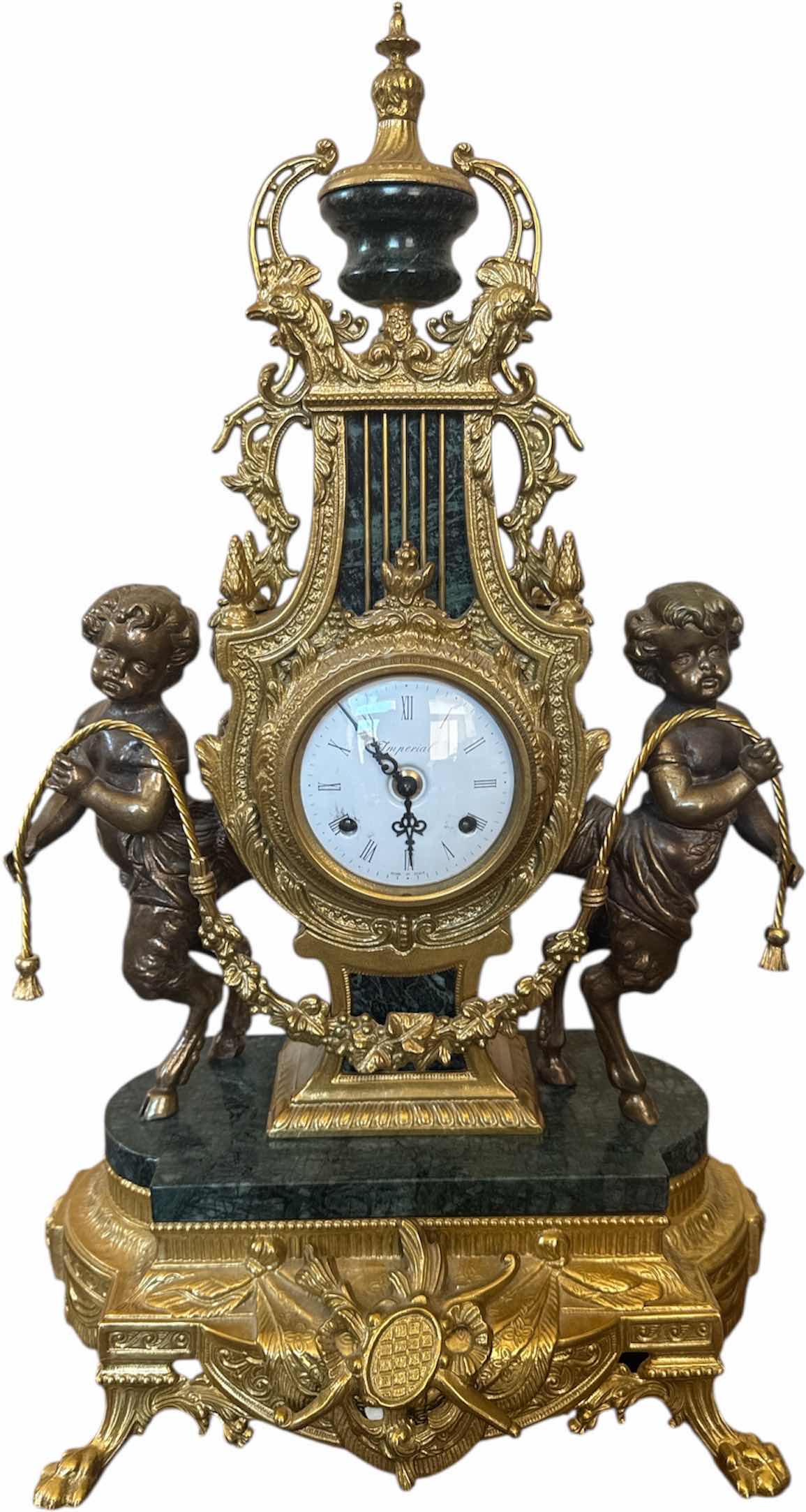 Photo 1 of VINTAGE IMPERIAL BREVETTATO ITALIAN BRASS AND MARBLE WITH CHERUBS CLOCK
14” X 8” X H24.5”