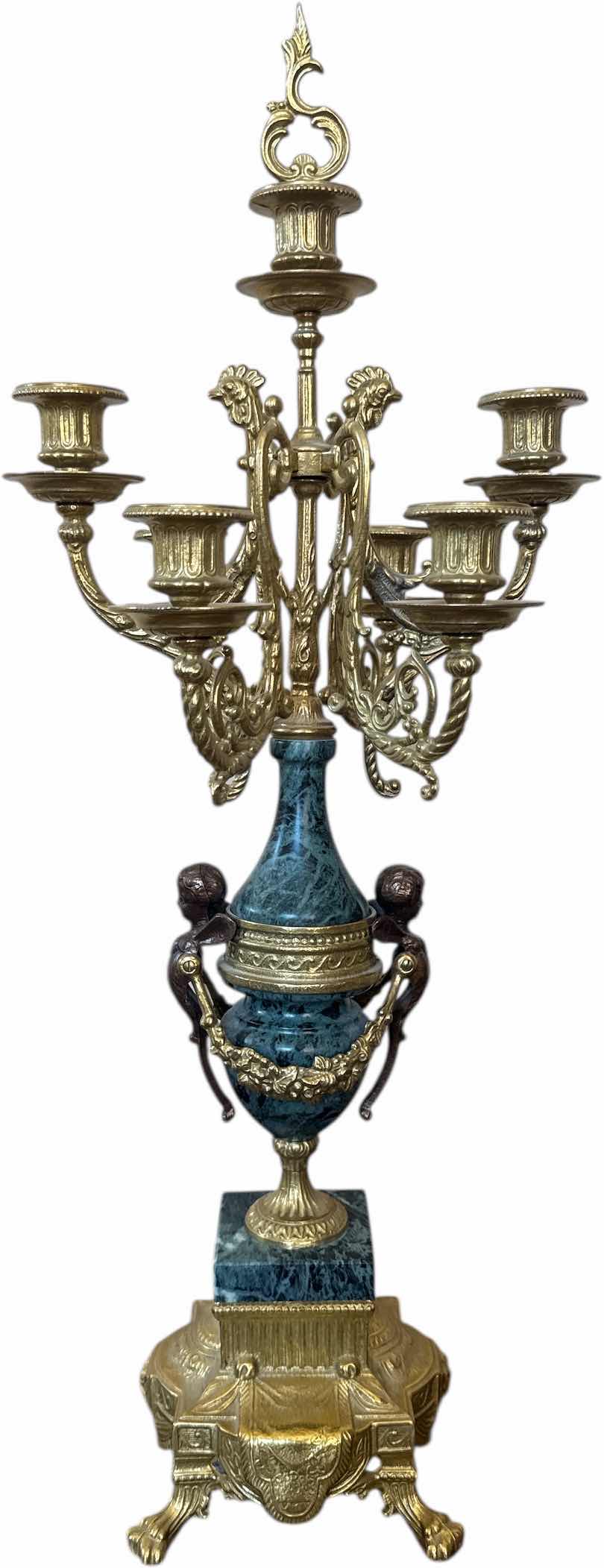 Photo 1 of VINTAGE CANDELABRA IMPERIAL BREVETTATO ITALIAN BRASS AND MARBLE WITH CHERUBS, 6 STICK CANDLE HOLDER
10” X 10” X H27”