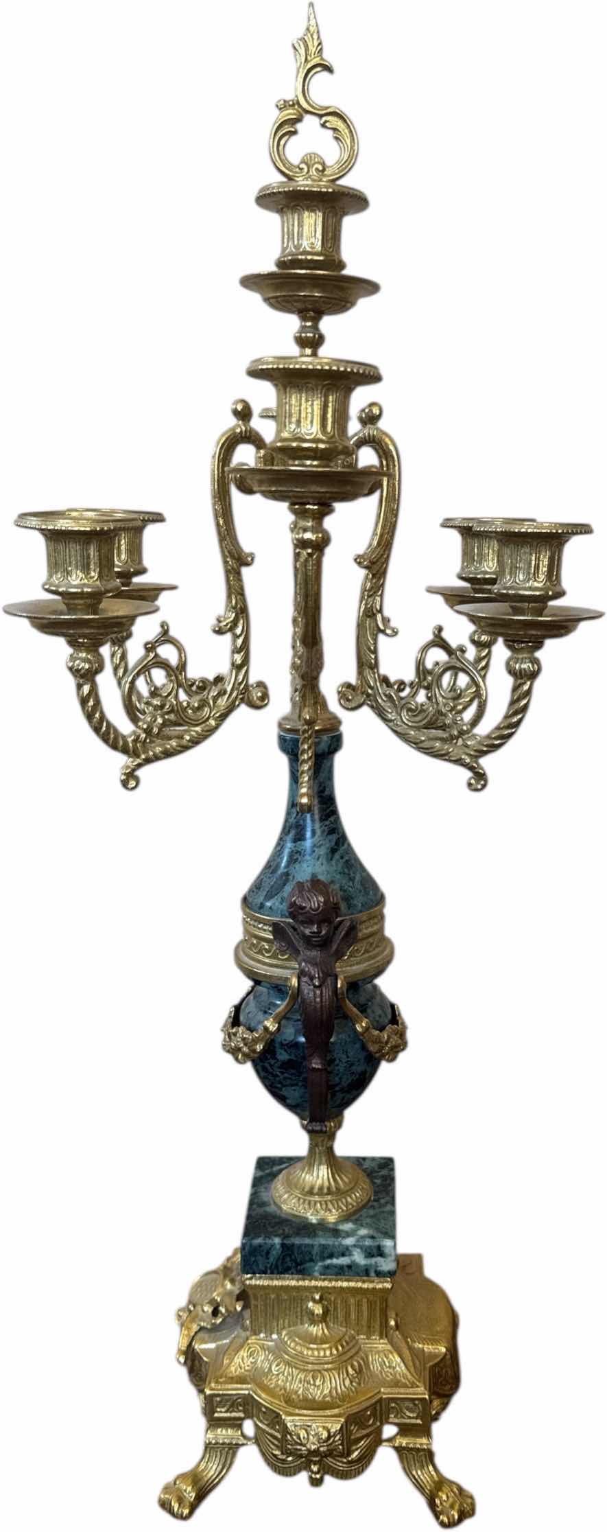 Photo 1 of VINTAGE CANDELABRA IMPERIAL BREVETTATO ITALIAN BRASS AND MARBLE WITH CHERUBS, 6 STICK CANDLE HOLDER

10” X 10” X H27”
