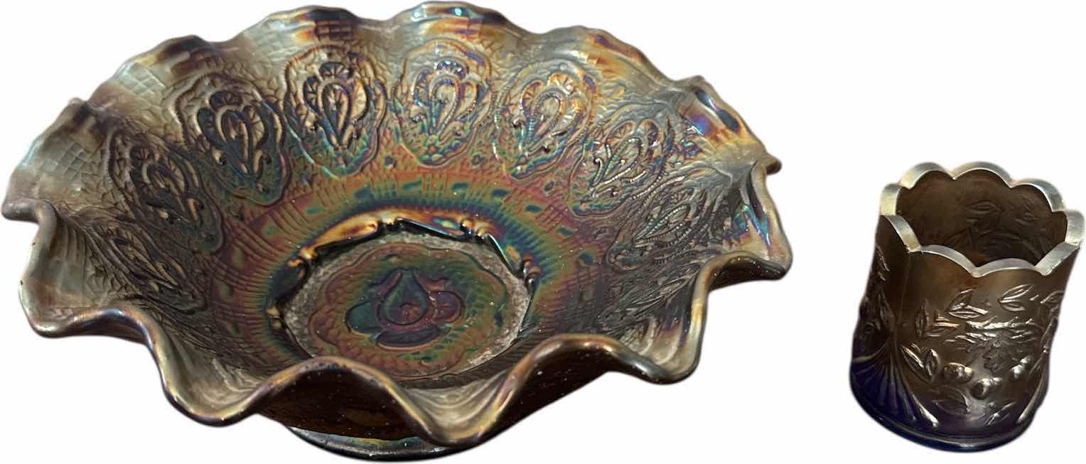 Photo 1 of VINTAGE FENTON CARNIVAL GLASS PERSIAN MEDALLION  IRIDESCENT BOWL, AND ST CLAIR WEATHERED CHERRY TOOTHPICK HOLDER 

BOWL 
8” X H”3
TOOTHPICK HOLDER
H2.5”