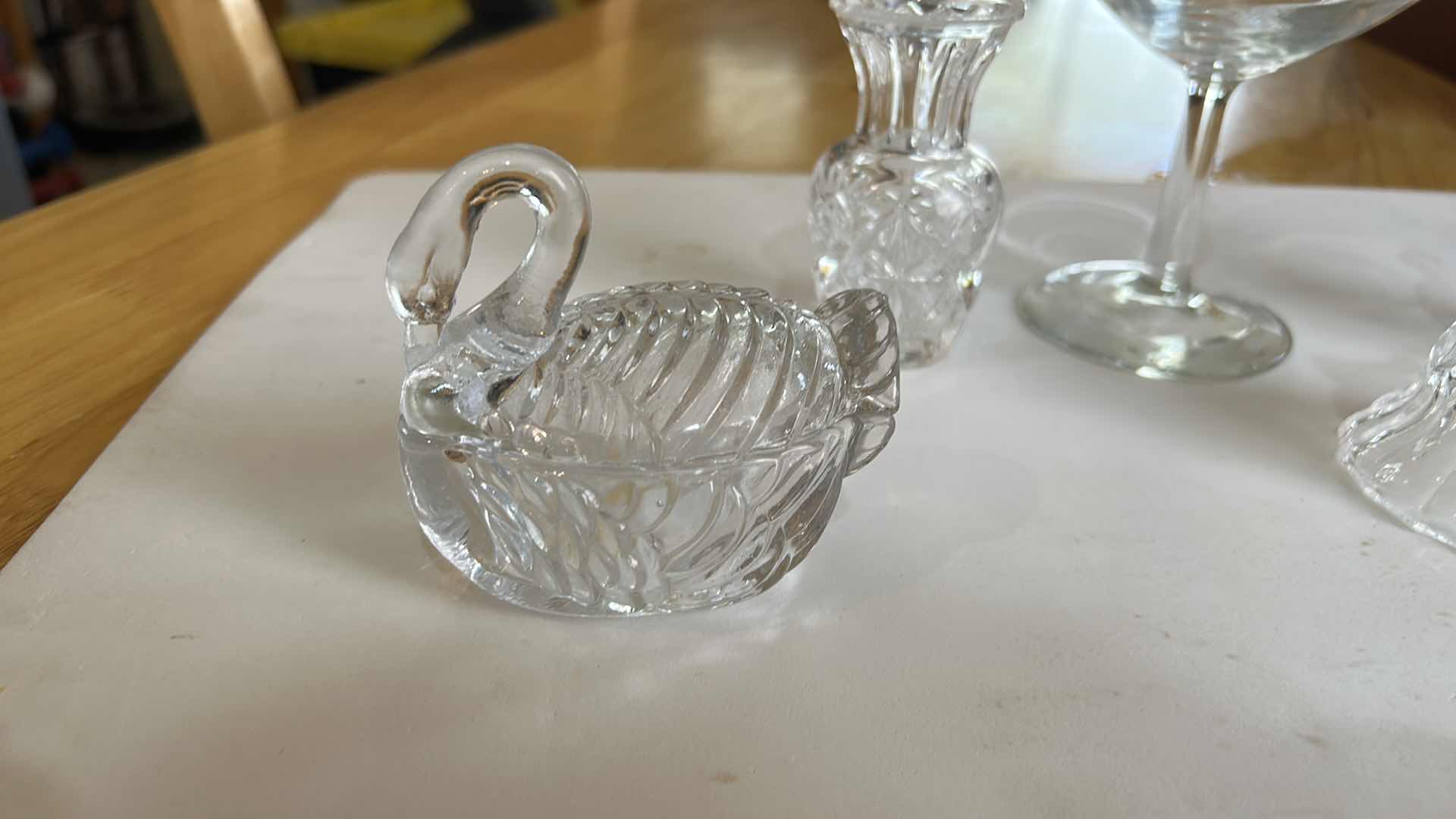 Photo 1 of 6 PC VINTAGE CRYSTAL PCS- 3 BELLS, BRIDE STEMWARE, VASE, SWAN TRINKET DISH (TALLEST H 4.5”)