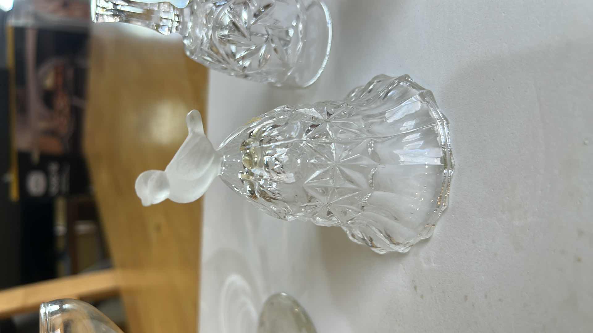 Photo 1 of 6 PC VINTAGE CRYSTAL PCS- 3 BELLS, BRIDE STEMWARE, VASE, SWAN TRINKET DISH (TALLEST H 4.5”)