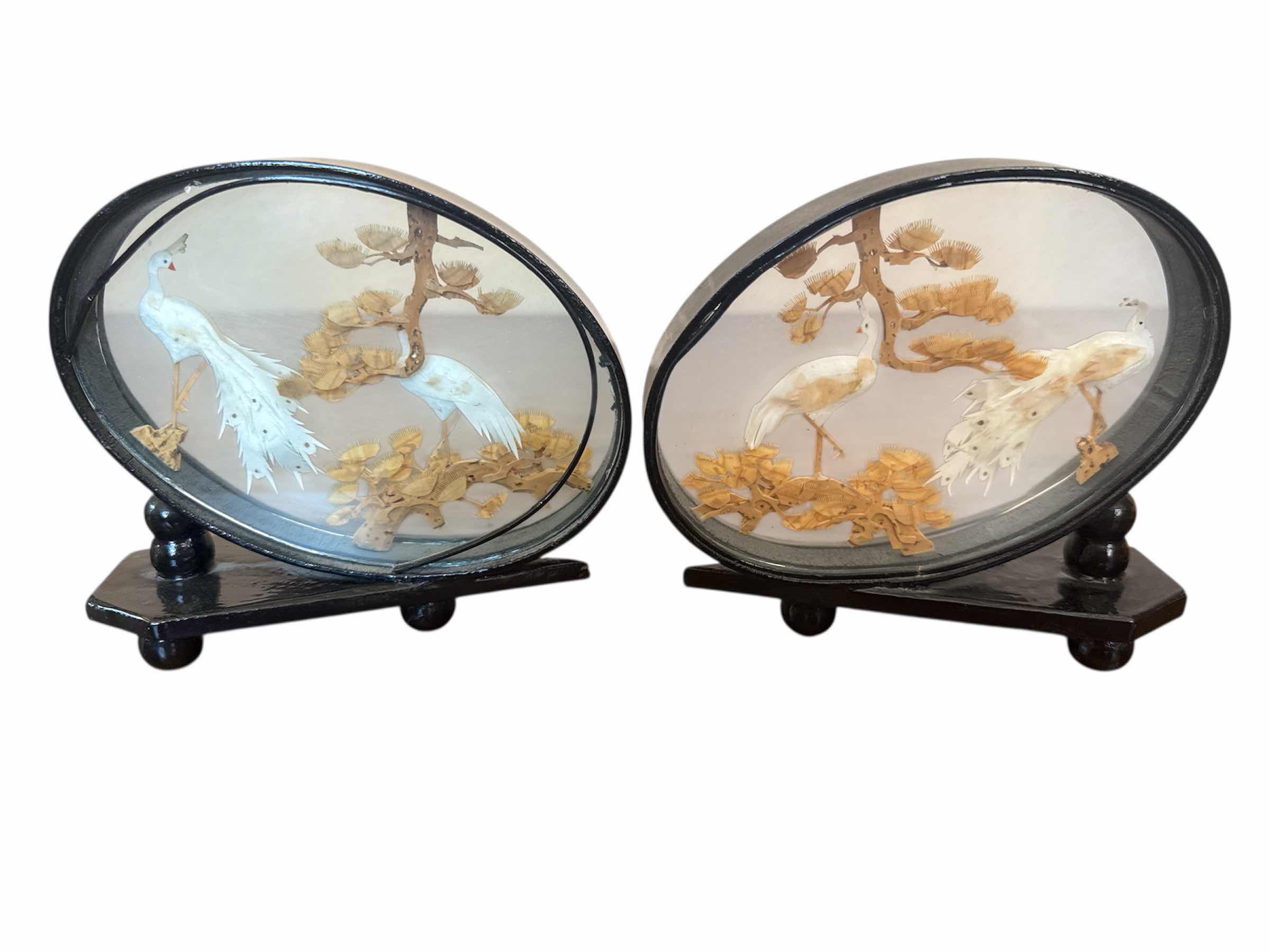 Photo 1 of 
3- VINTAGE HAND CARVED CORK WOOD DIORAMA, PANDAS AND CRANES, BLACK

H7.25” AND SMALLER