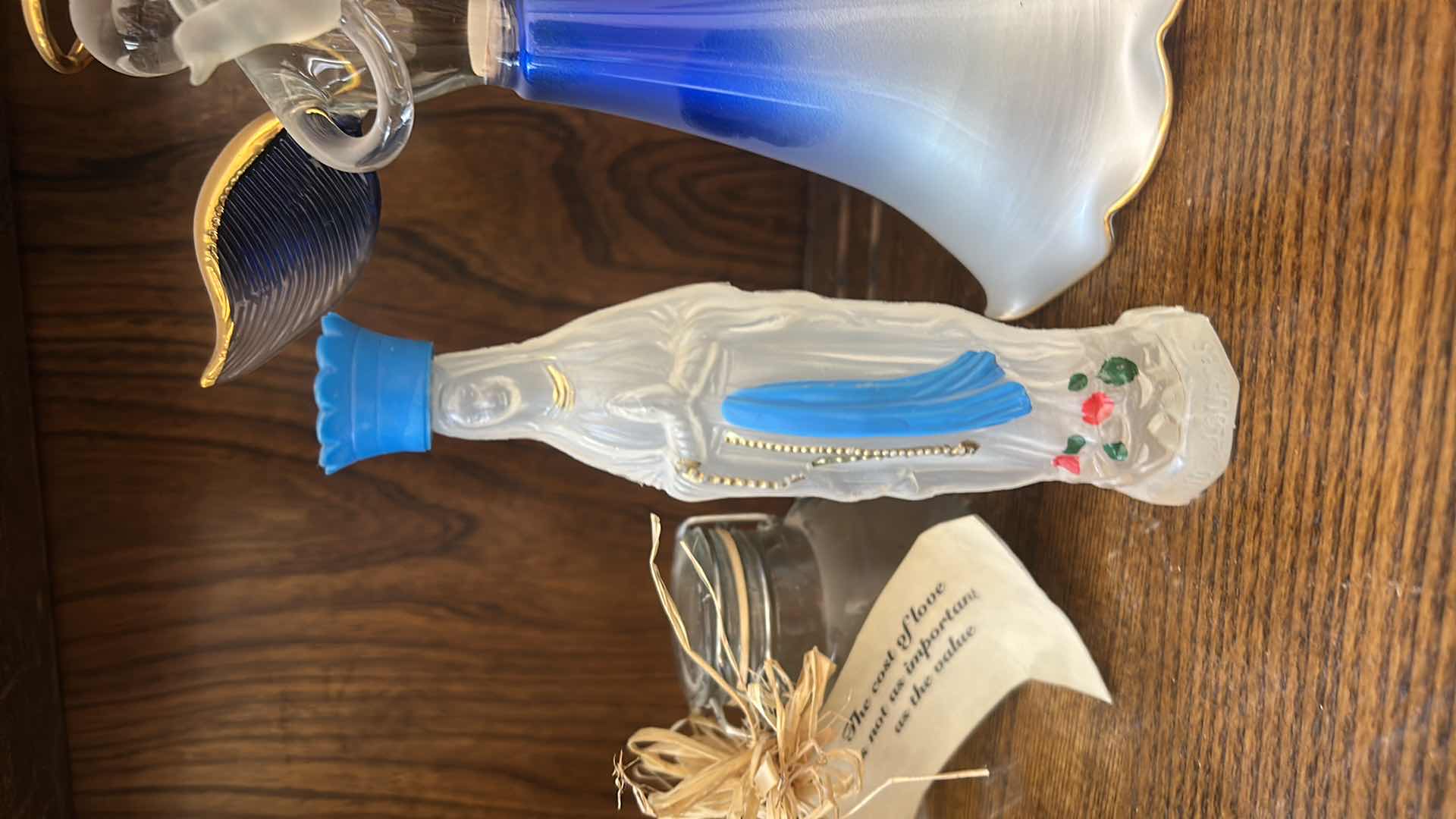 Photo 1 of 2 GLASS ANGELS TALLEST H 9”, VIRGIN MARY HOLY WATER, LAST SUPPER GLASS DISH AND 3 TINY MASON JARS