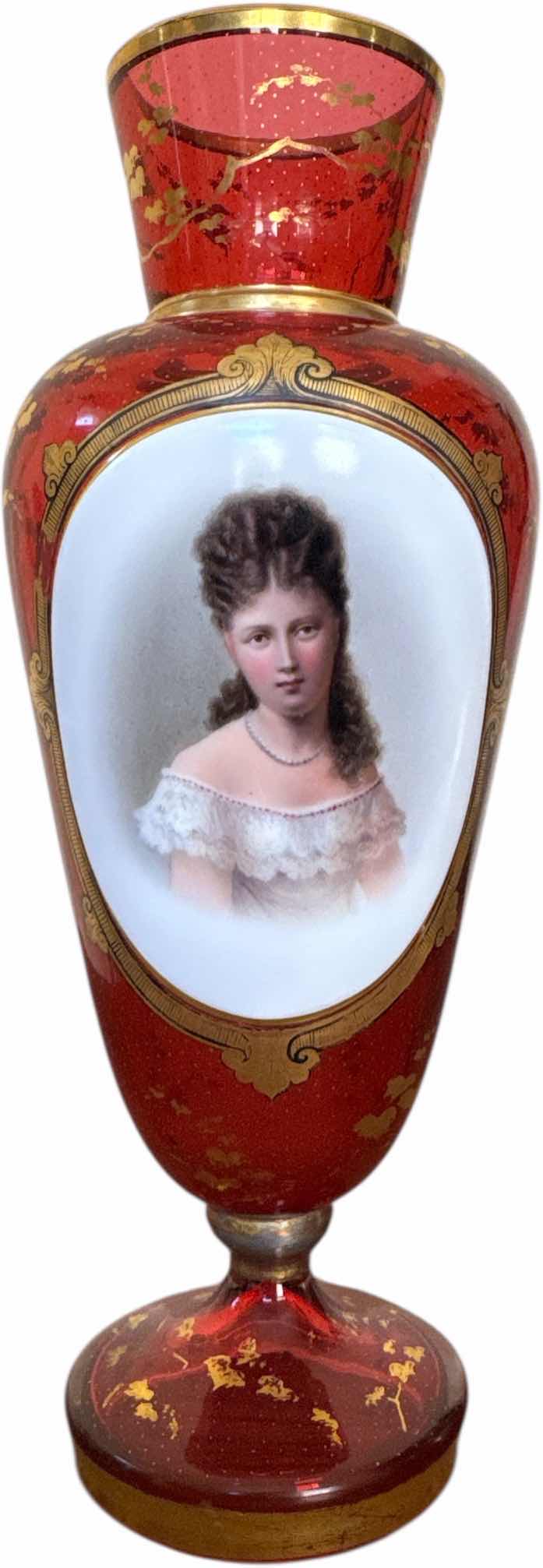 Photo 1 of ANTIQUE BOHEMIAN CRANBERRY GLASS VASE, ATTRIBUTED TO MOSER, HAND PAINTED PORTRAIT AND SILVER ROCKFORD EWER
H11” AND SMALLER