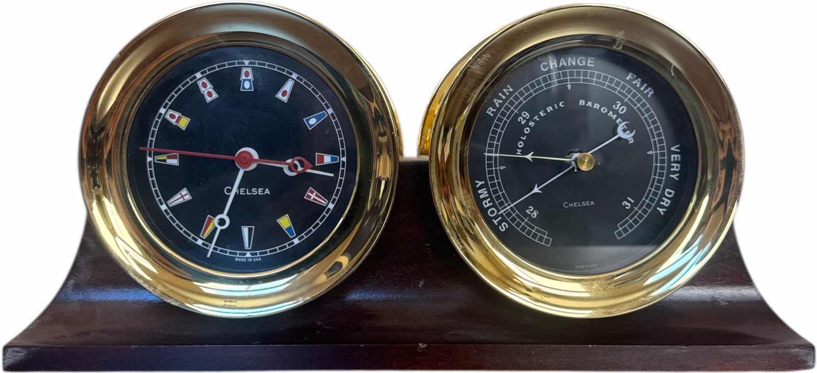 Photo 1 of CHELSEA NAUTICAL FLAG CLOCK AND BAROMETER DESK SET ON MAHOGANY BASE

14” X 3” X H6.5”