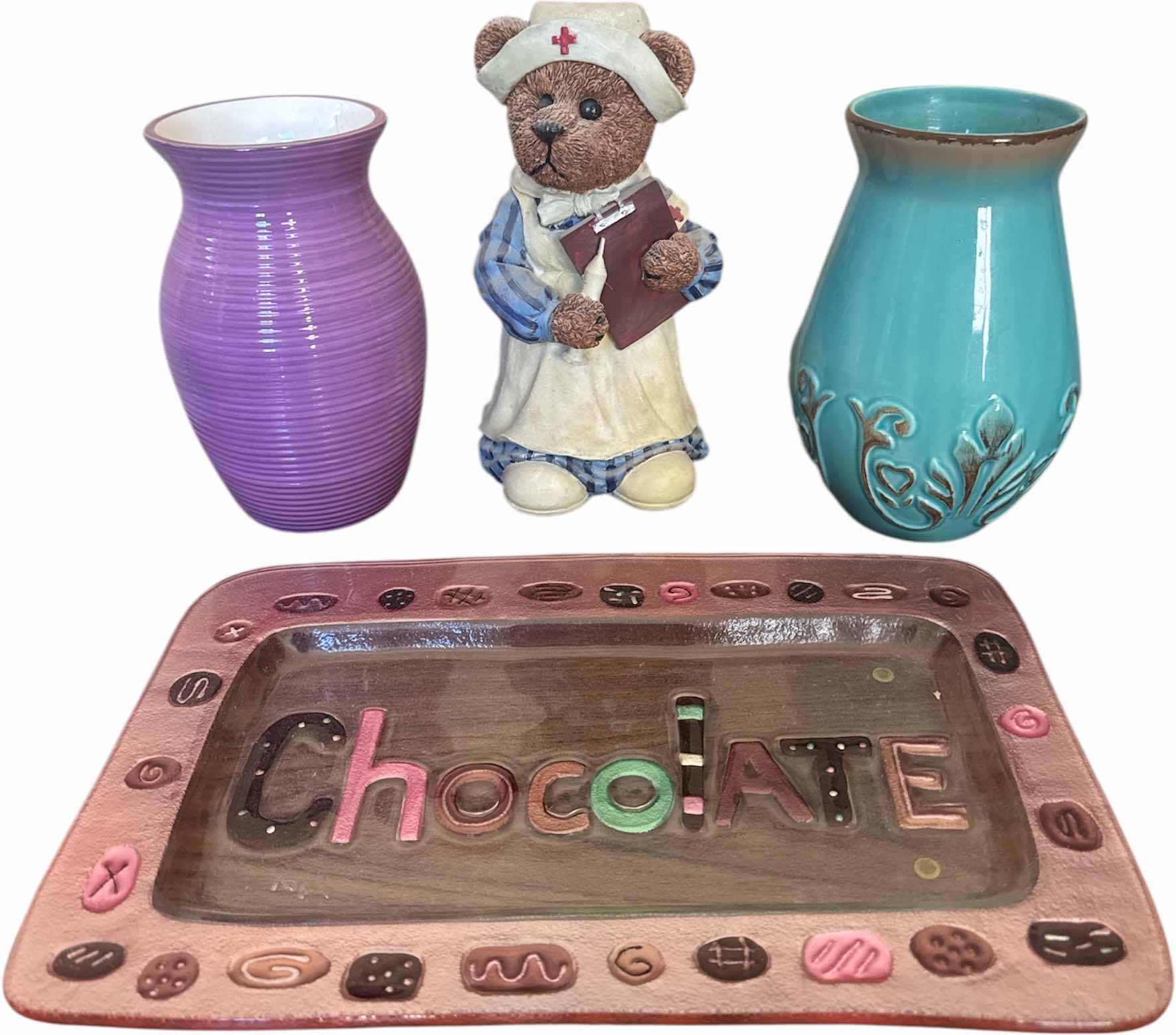 Photo 1 of SILVESTRI CHOCOLATE GLASS FUSION PLATTER, CERAMIC VASES, VINTAGE BEAR NURSE COIN BANK 

H9.5” AND SMALLER