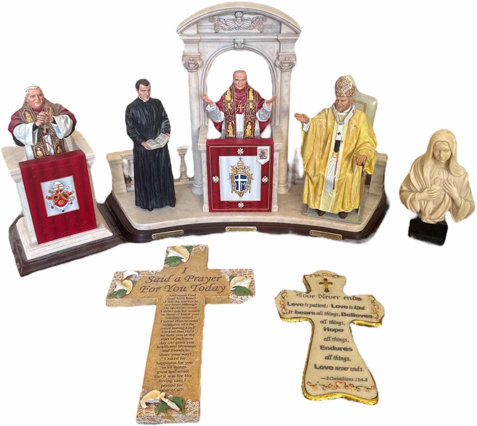 Photo 1 of 5- VINTAGE POPE JOHN PAUL II, THROUGH THE YEARS, POPE BENEDICT XVI, VIRGIN MARY RESIN FIGURINES
H12” AND SMALLER