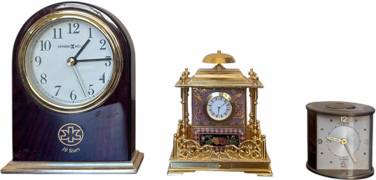 Photo 1 of 3- VINTAGE ANTIQUE CLOCKS, FRANKLIN MINT CLOCK, HOWARD MILLER MONROE MANTEL CLOCK, AND LE COULTRE CLOCK
H5.5” AND SMALLER