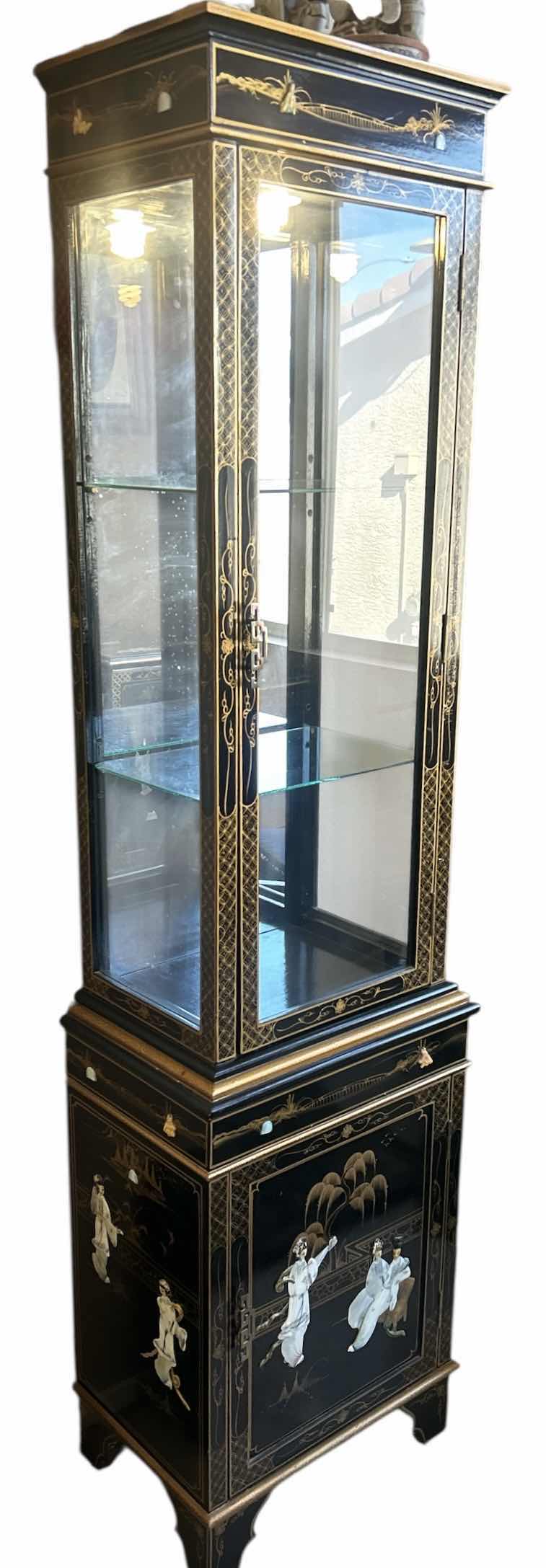 Photo 1 of ORIENTAL LACQUER CURIO CABINET “BLACK MOTHER OF PEARL LADIES” STYLE . 20“ x 14“ x H77 1/2“.
