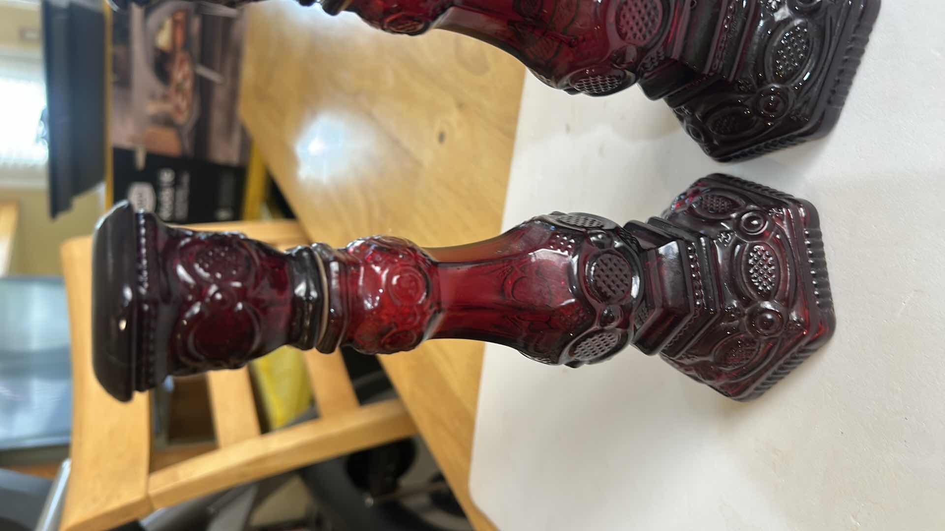 Photo 1 of 2 - VINTAGE RUBY RED CANDLEHOLDERS FROM AVON 1876 CAPE COD COLLECTION H8.5”