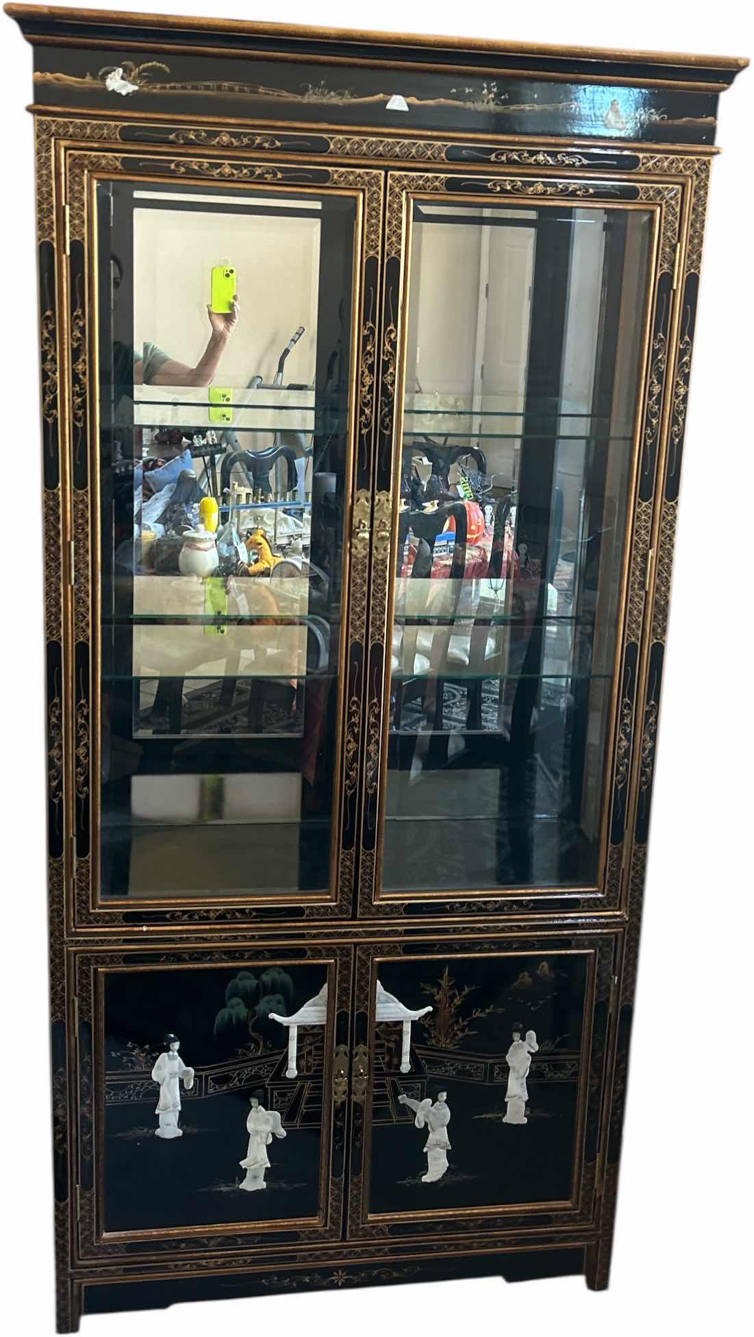 Photo 1 of ORIENTAL LACQUER CURIO CABINET “BLACK MOTHER OF PEARL LADIES” STYLE 38 1/2“ x 15 1/2“ x H77 1/2“