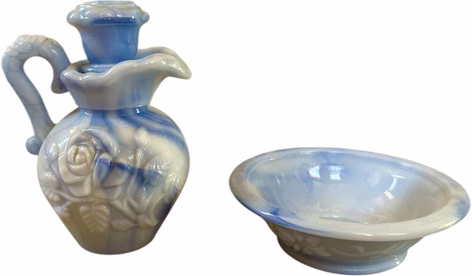 Photo 1 of 2- VINTAGE BLUE MARBLE, MILK GLASS VICTORIAN PICTURE AND BOWL
H”5 AND SMALLER