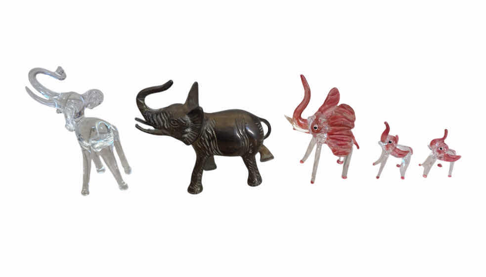 Photo 1 of 5- VINTAGE ELEPHANT FIGURINE COLLECTION, SOLID BRASS, CRYSTAL, GLASS
H5” AND SMALLER