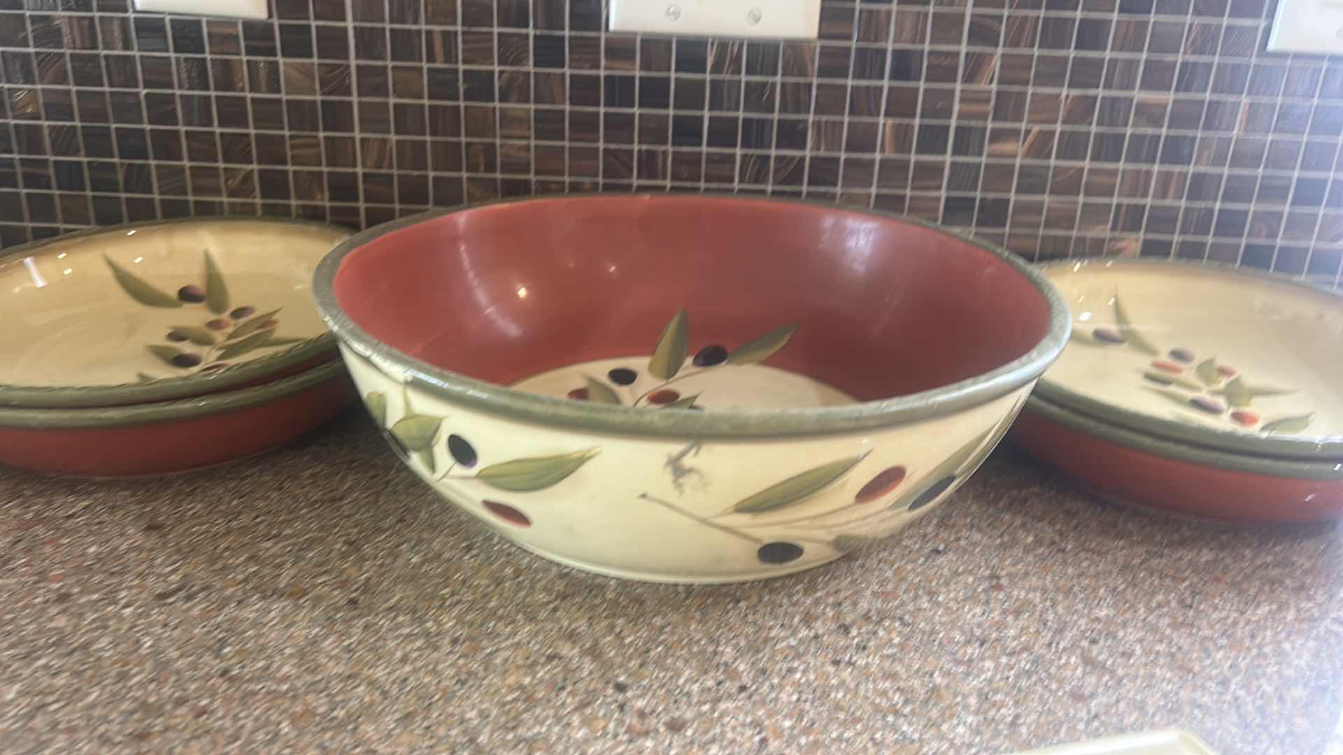 Photo 1 of 6 PC CLAY ART ANTIQUE OLIVE HAND PAINTED SALAD BOWLS AND RELISH TRAY
