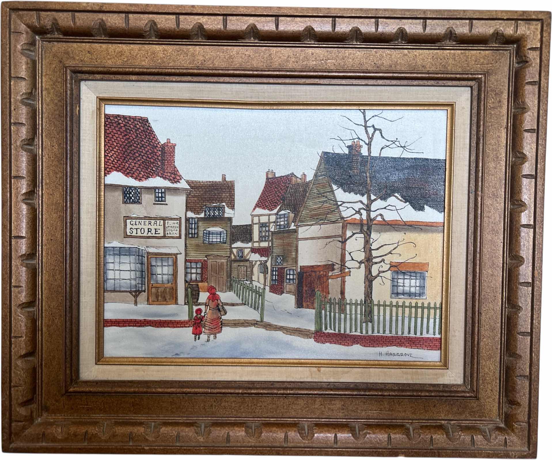 Photo 1 of FRAMED PAINT ON CANVAS, SNOWY VILLAGE SIGNED H. HARGROVE ARTWORK 23 1/2” x H19 1/2”
