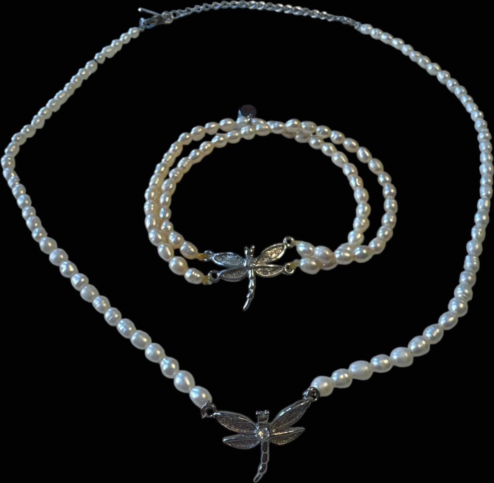 Photo 1 of DRAGONFLY PEARL SILVER TONE NECKLACE AND BRACELET SET