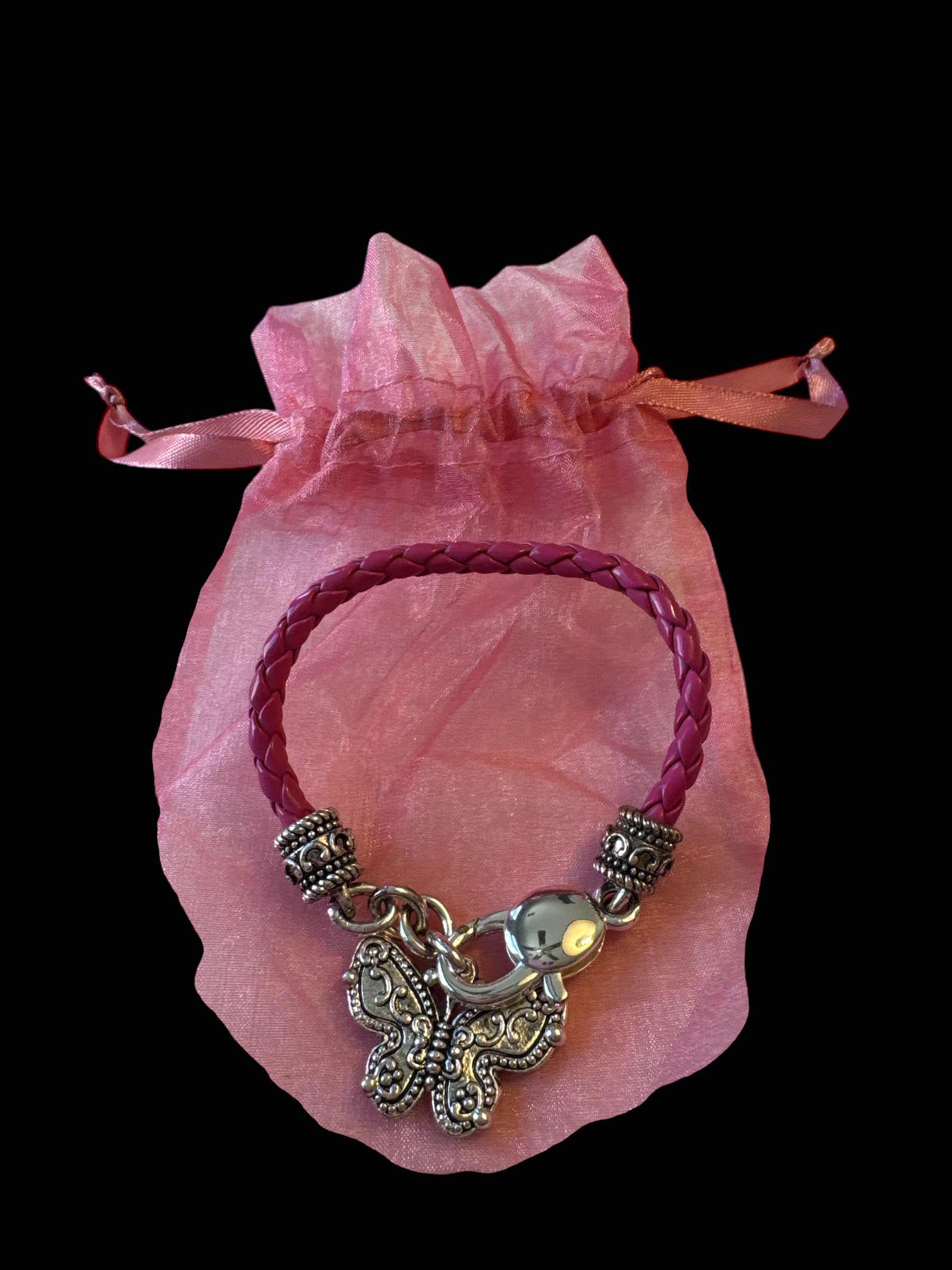 Photo 1 of BUTTERFLY CHARM BRACELET PINK AND SILVER TONE, JEWELRY 

D3”