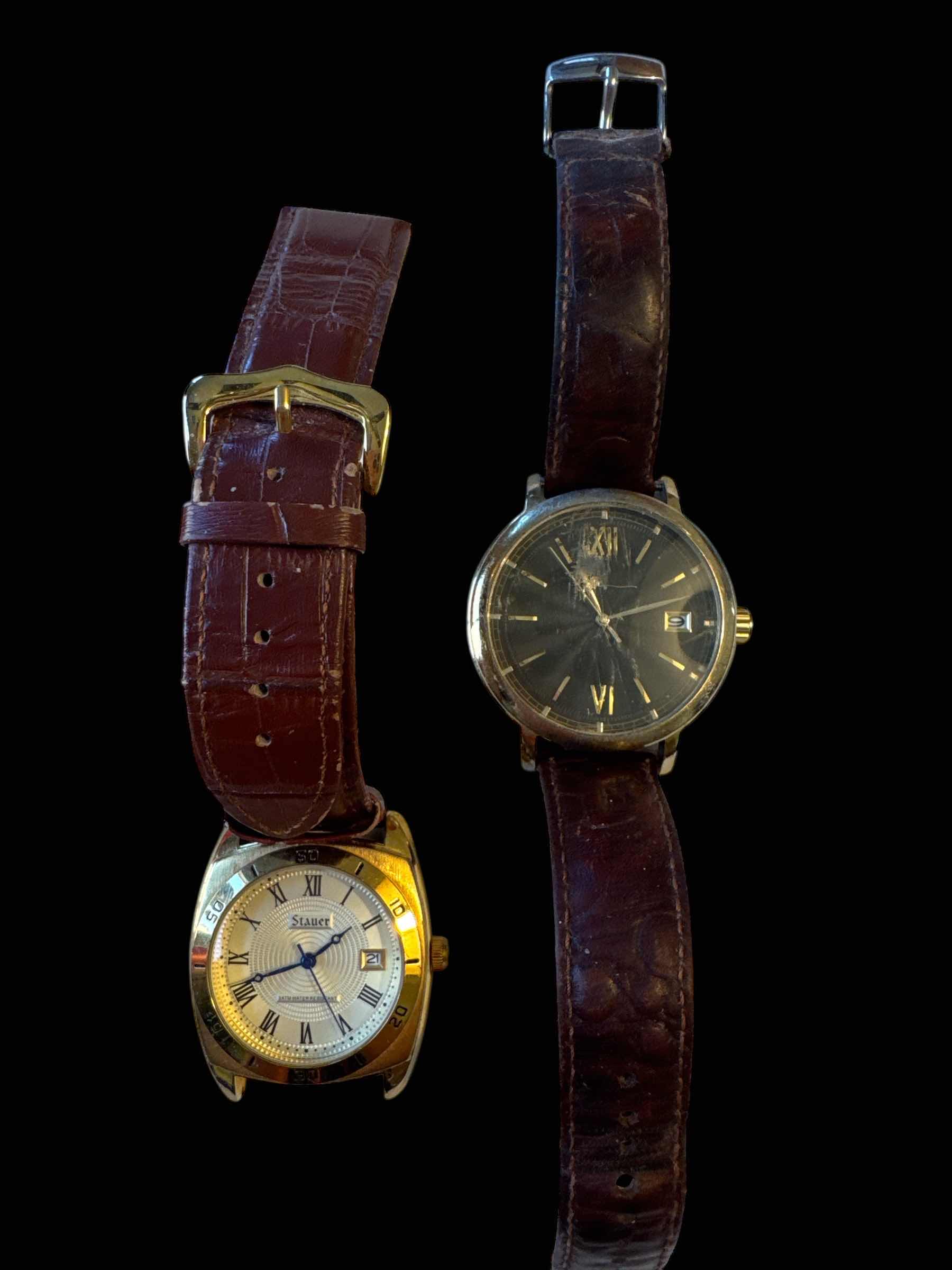 Photo 1 of 4- VINTAGE DAMAGED MENS WATCHES, BLACK, GOLD, AND SILVER TONE JEWELRY 

L9”