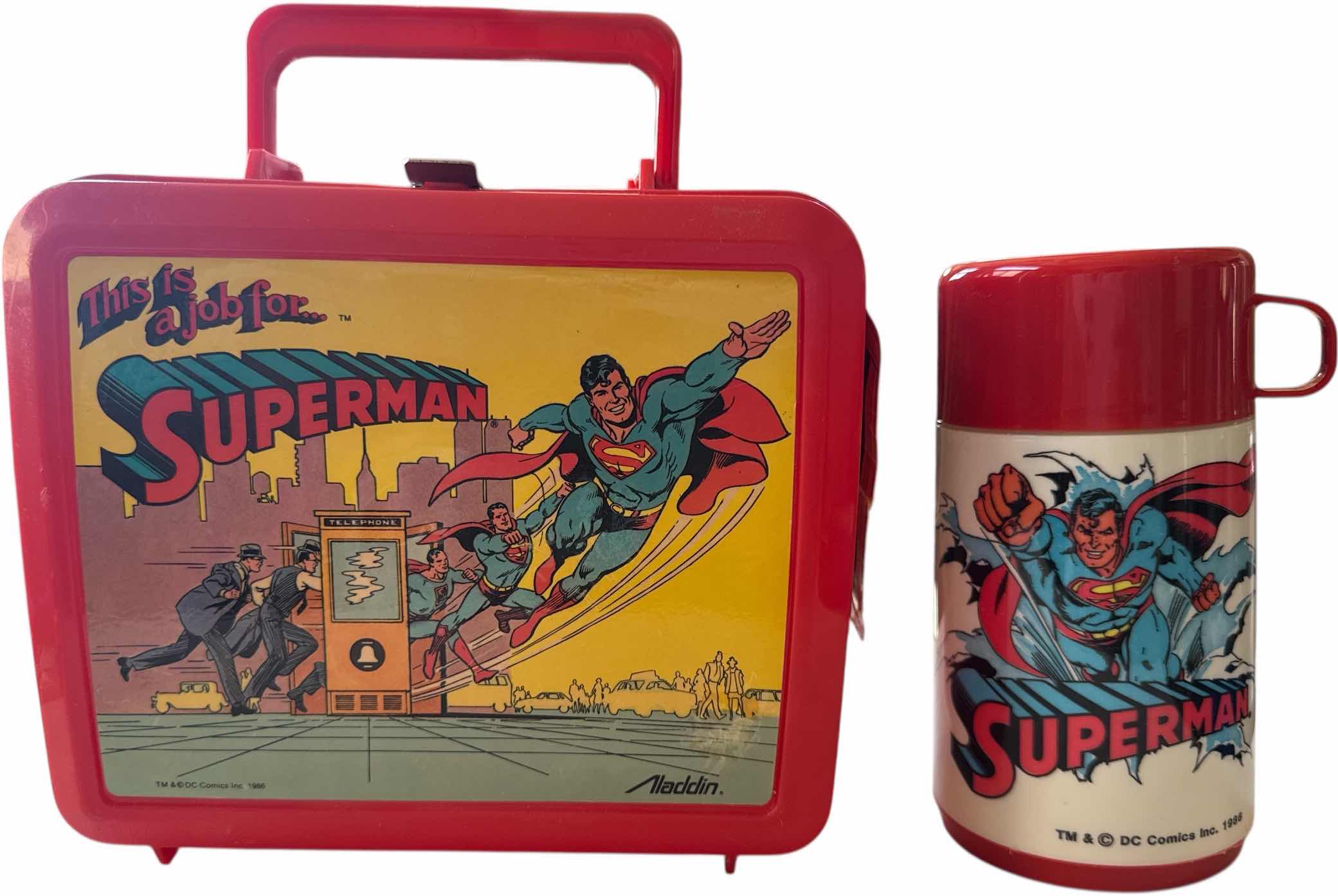 Photo 1 of VINTAGE 1986 SUPERMAN LUNCH BOX AND THERMAL, PLASTIC, RED
4.5” X 7” X H8.5”