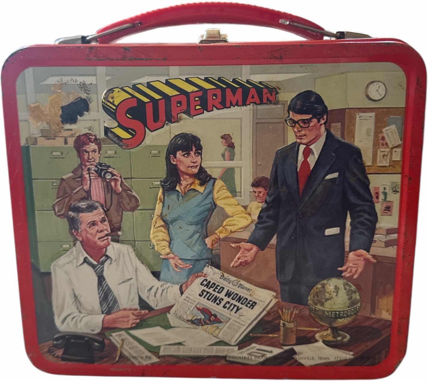 Photo 1 of VINTAGE 1978 SUPERMAN METAL LUNCH BOX AND THERMAL, 

8” X 4” X H7”