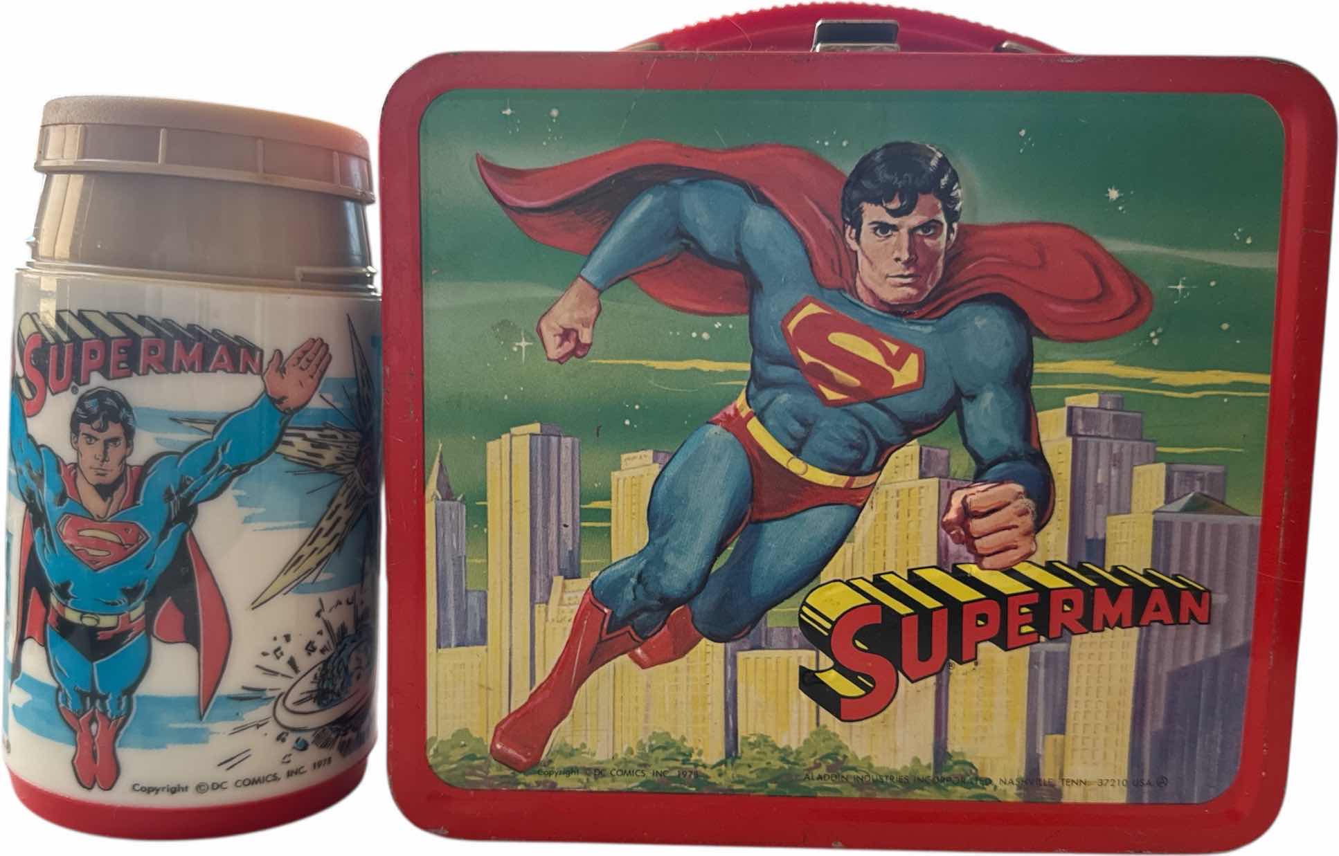 Photo 1 of VINTAGE 1978 SUPERMAN METAL LUNCH BOX AND THERMAL, 

8” X 4” X H7”