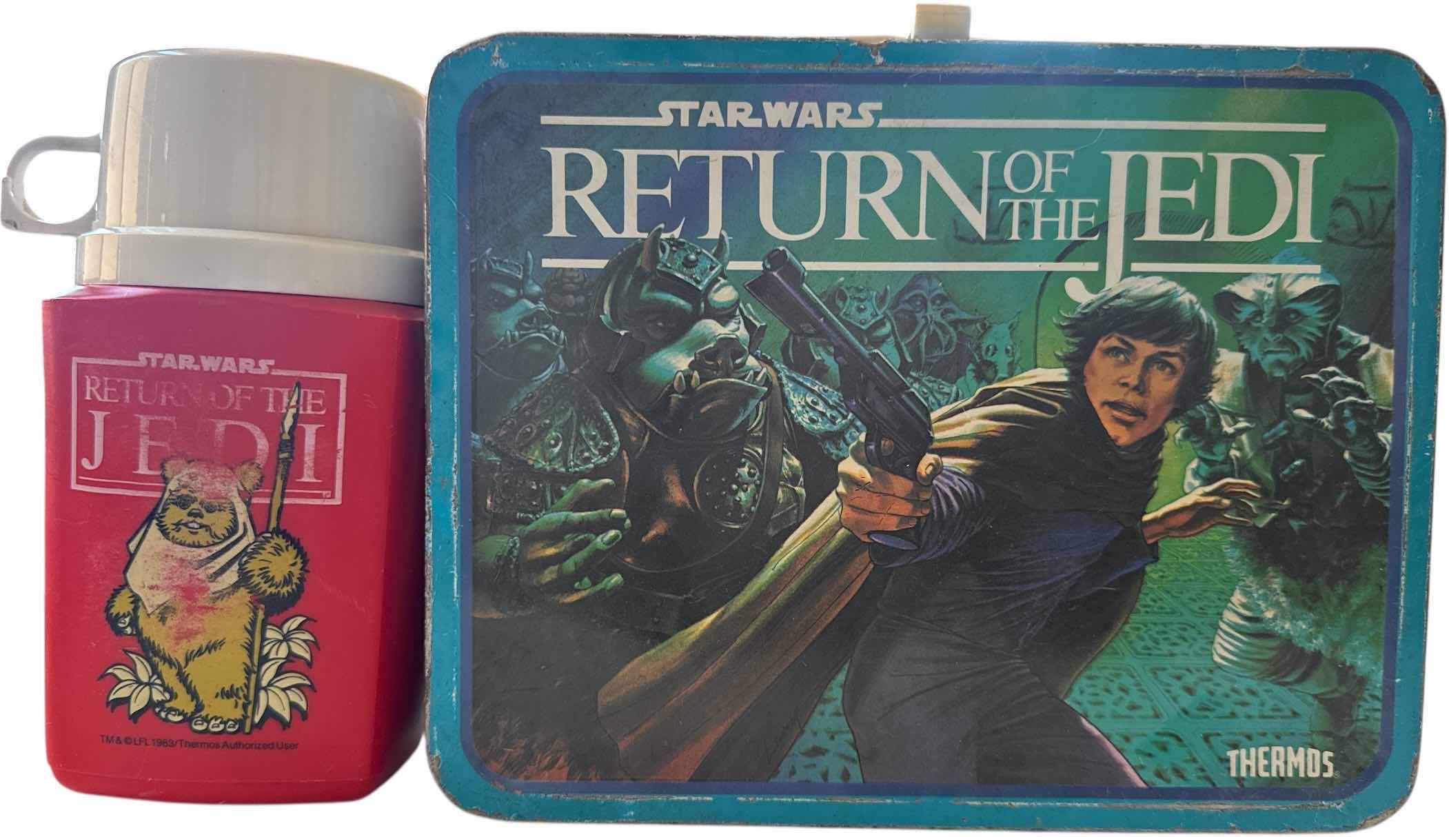 Photo 1 of VINTAGE 1983 STARWARS RETURN OF THE JEDI METAL LUNCH BOX AND THERMAL
8.75” X 4” X H7”