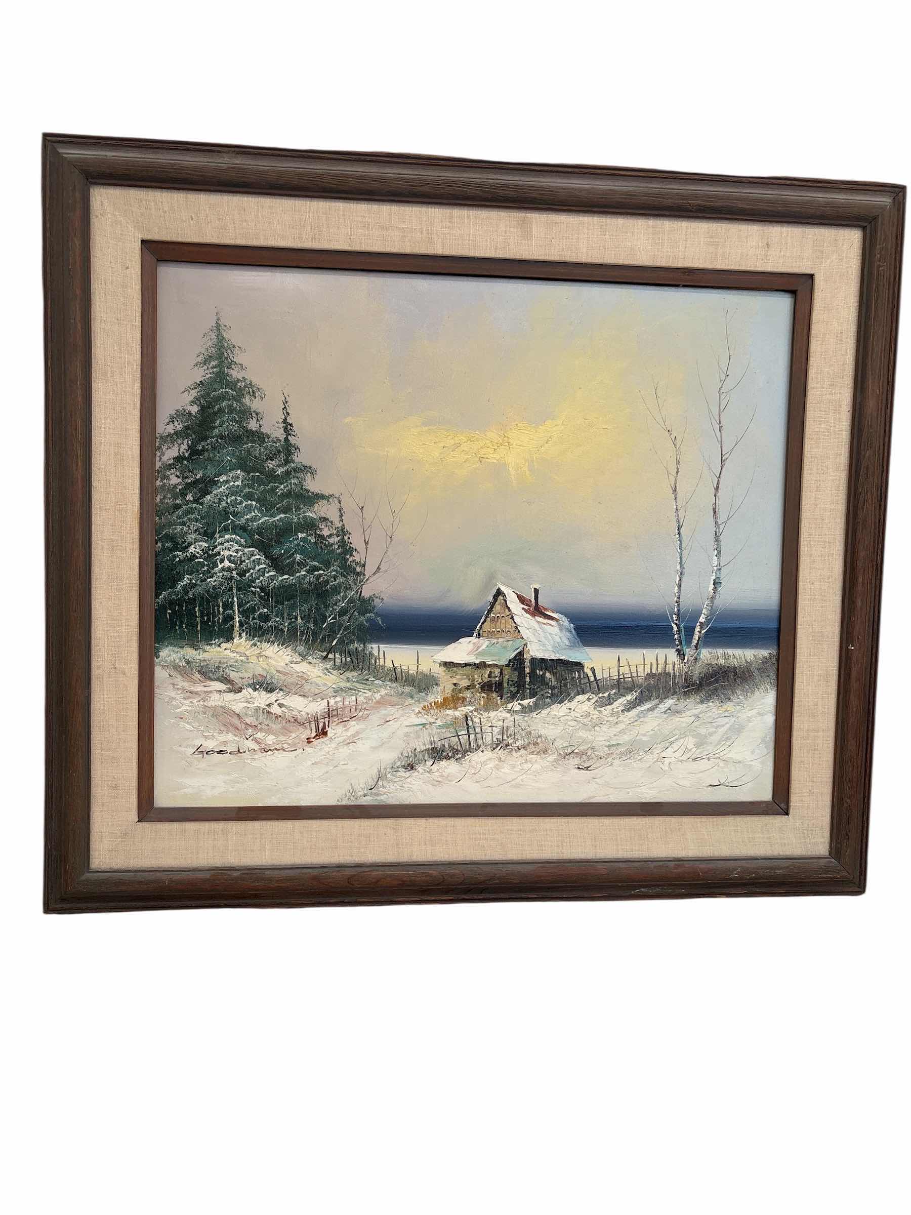 Photo 1 of WOOD FRAMED CABIN PAINTING SIGNED GOODWIN 31” X 27” H