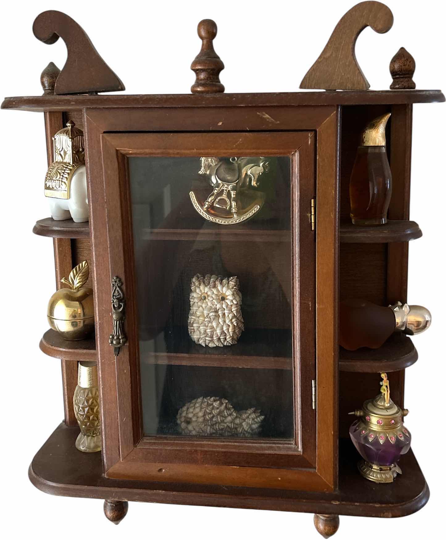 Photo 1 of WALL CURIO CABINET WITH VINTAGE PERFUME BOTTLES AND MORE 14” x 16”
