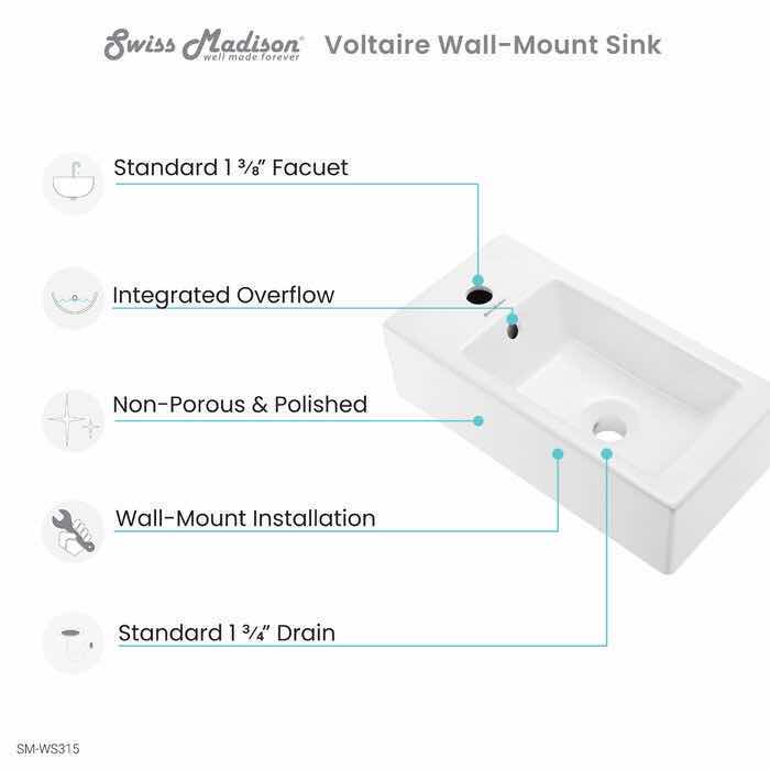 Photo 2 of NEW SWISS MADISON VOLTAIRE 19.5” WHITE LEFT SIDE FAUCET WALL MOUNTED SINK MODEL SM-WS315