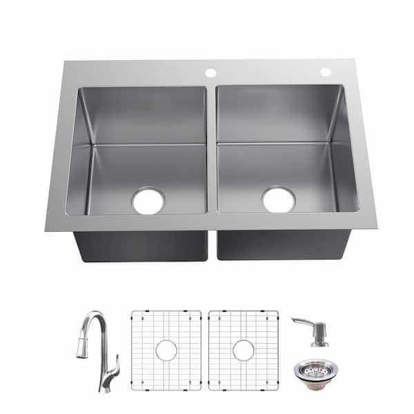 Photo 1 of NEW GLACIER BAY 22” BRUSHED STAINLESS STEEL 18 GAUGE DOUBLE BOWL KITCHEN SINK ALL IN ONE SET MODEL 1002 760 041