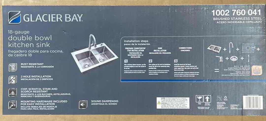 Photo 3 of NEW GLACIER BAY 22” BRUSHED STAINLESS STEEL 18 GAUGE DOUBLE BOWL KITCHEN SINK ALL IN ONE SET MODEL 1002 760 041