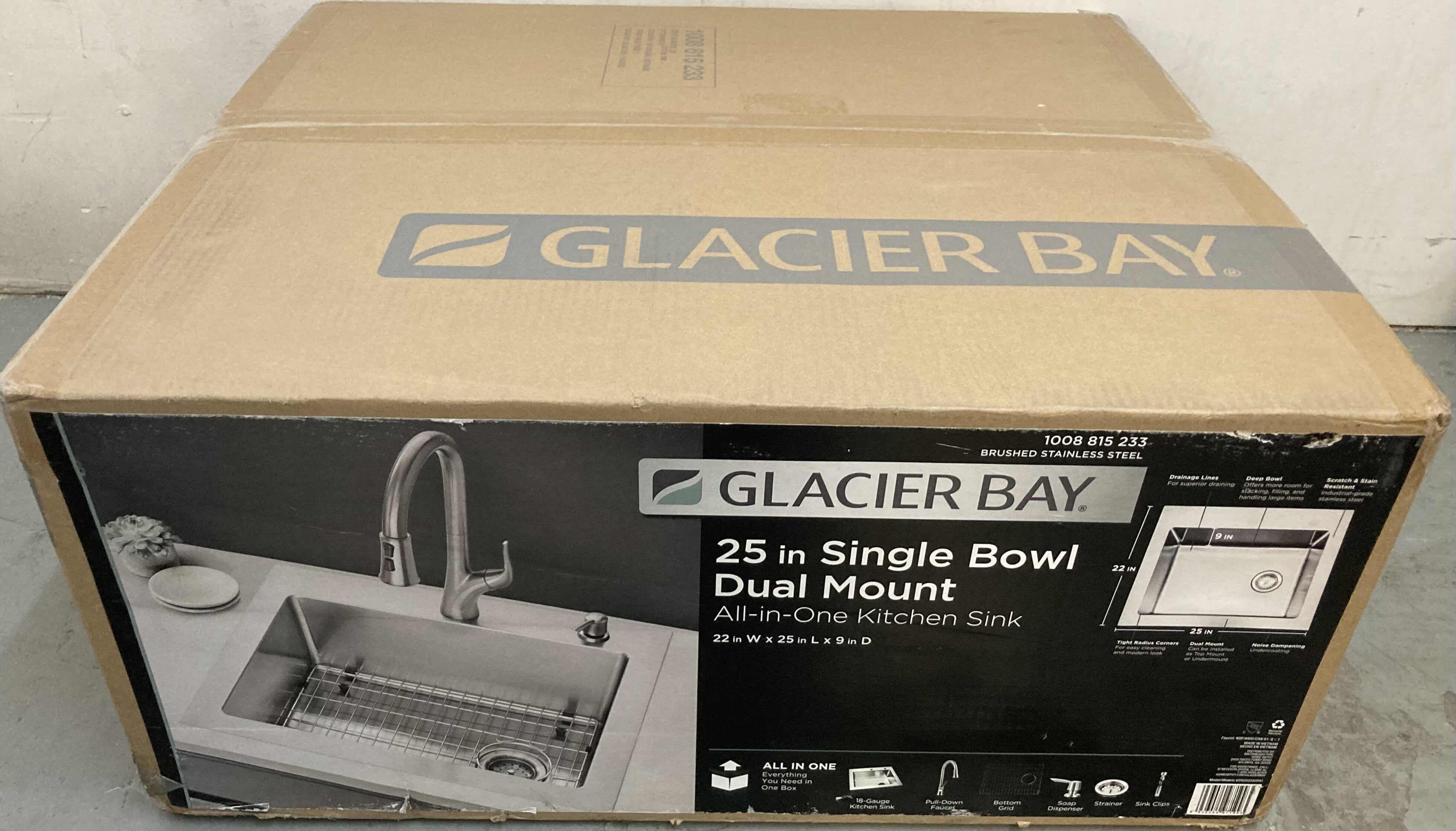 Photo 4 of NEW GLACIER BAY 25” BRUSHED STAINLESS STEEL 18 GAUGE DUAL MOUNT SINGLE BOWL KITCHEN SINK ALL IN 1 SET MODEL 1008 815 233