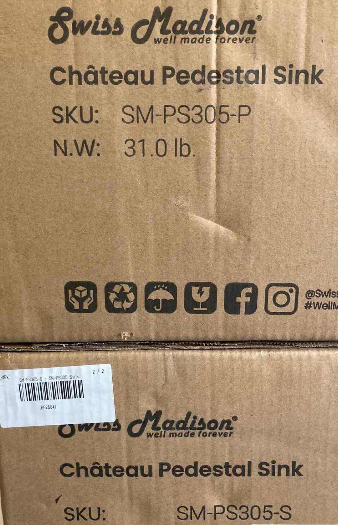 Photo 9 of NEW SWISS MADISON CHATEAU WHITE PEDESTAL SINK (2 BOX SET) MODEL SM-PS305-P & SM-PS305-S