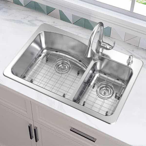 Photo 2 of NEW GLACIER BAY 33" BRUSHED STAINLESS STEEL 2 FAUCET HOLE DUAL MOUNT DOUBLE BOWL KITCHEN SINK ALL IN 1 SET MODEL 1005724891