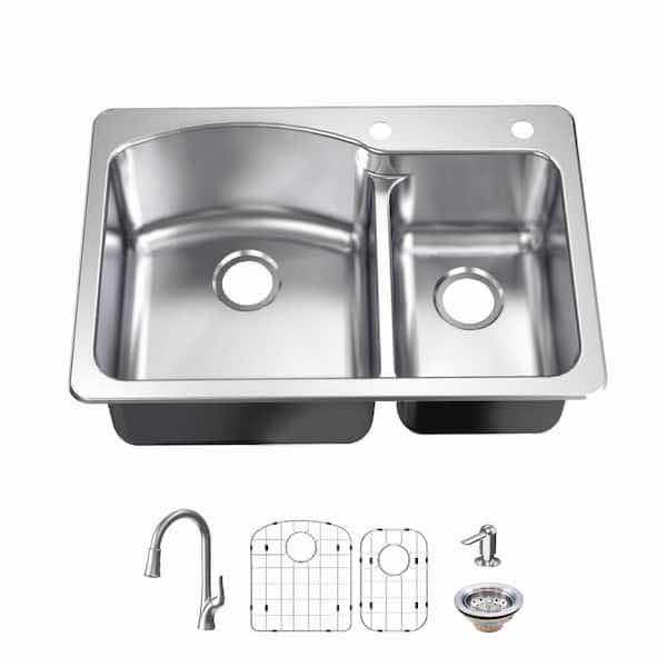 Photo 1 of NEW GLACIER BAY 33" BRUSHED STAINLESS STEEL 2 FAUCET HOLE DUAL MOUNT DOUBLE BOWL KITCHEN SINK ALL IN 1 SET MODEL 1005724891
