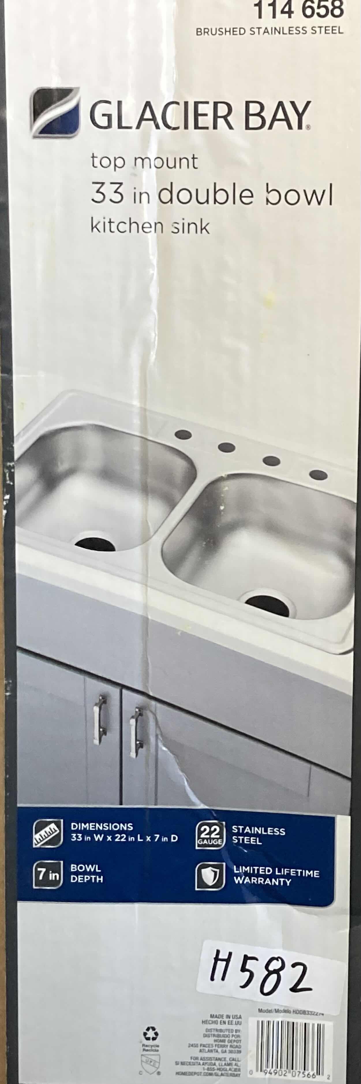 Photo 2 of NEW GLACIER BAY 33” BRUSHED STAINLESS STEEL 22 GAUGE 4 FAUCET HOLE DOUBLE BOWL KITCHEN SINK MODEL 114 658